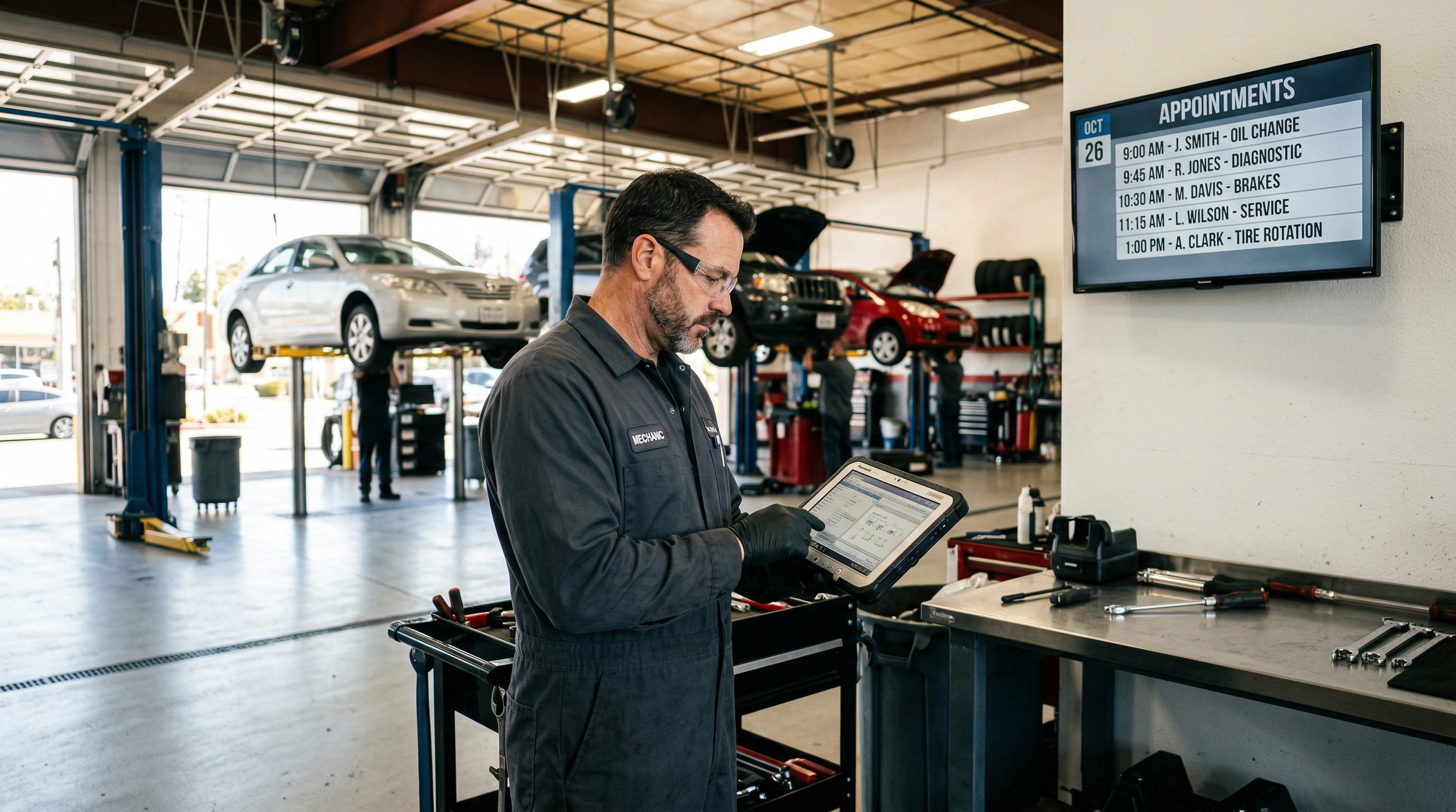 Professional mechanic searching on a tablet inside a clean auto repair shop