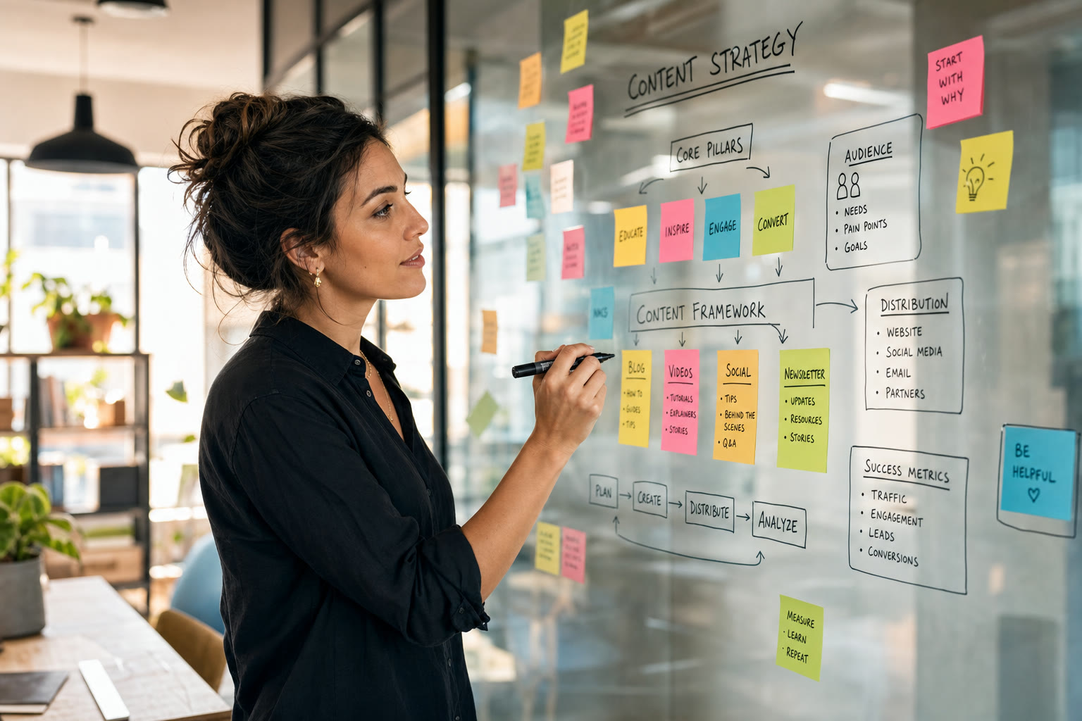 Marketing strategist mapping an answer-first content outline on a glass wall