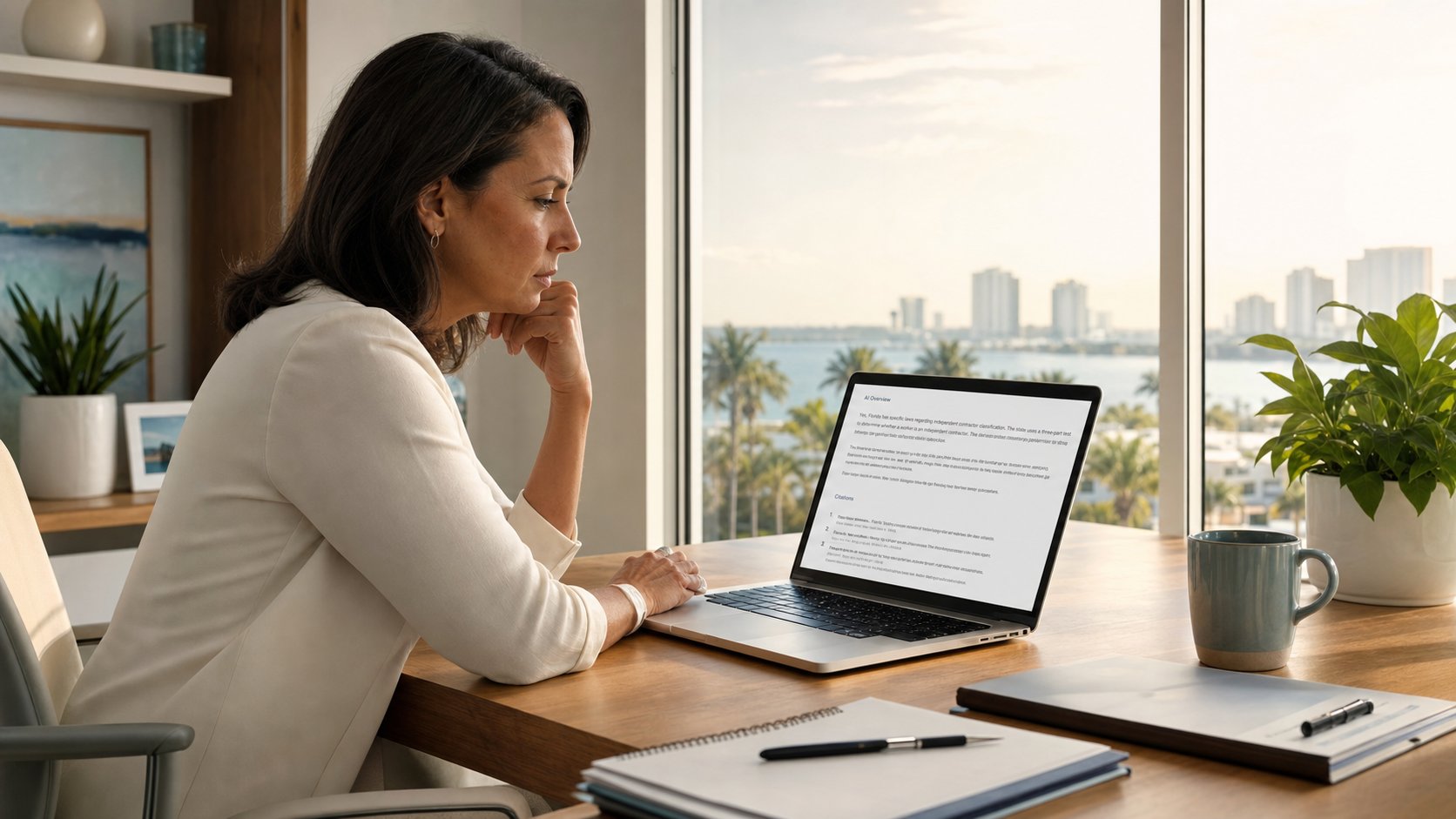 A Florida business owner reviewing AI search results on a laptop with Florida skyline in the background