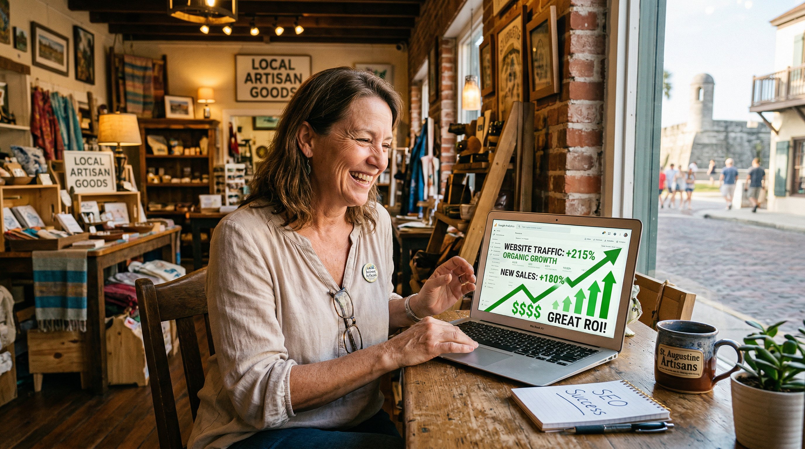 St. Augustine Florida historic district street view with digital marketing overlay representing affordable SEO services