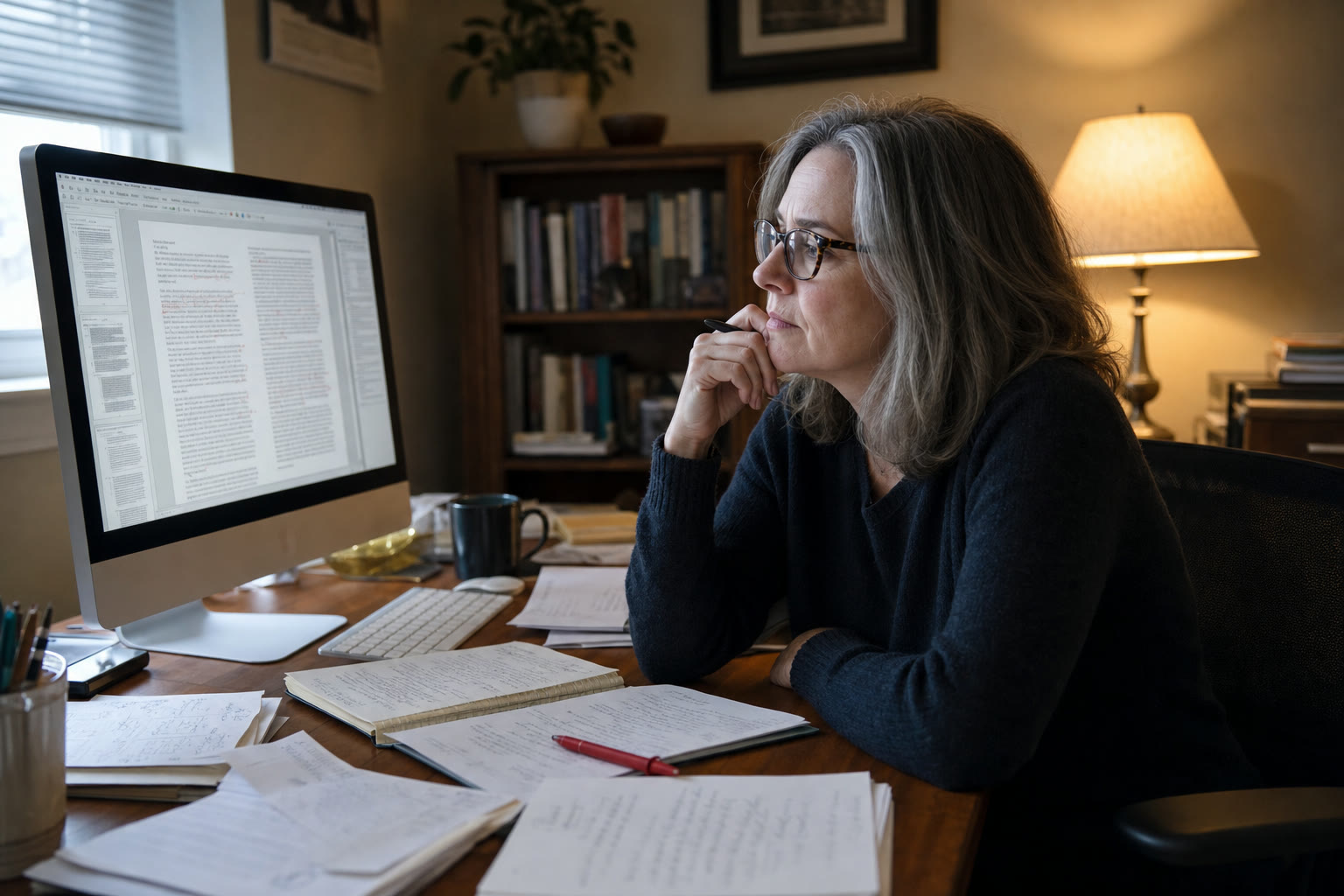 Editor reviewing AI-drafted content on screen with notes