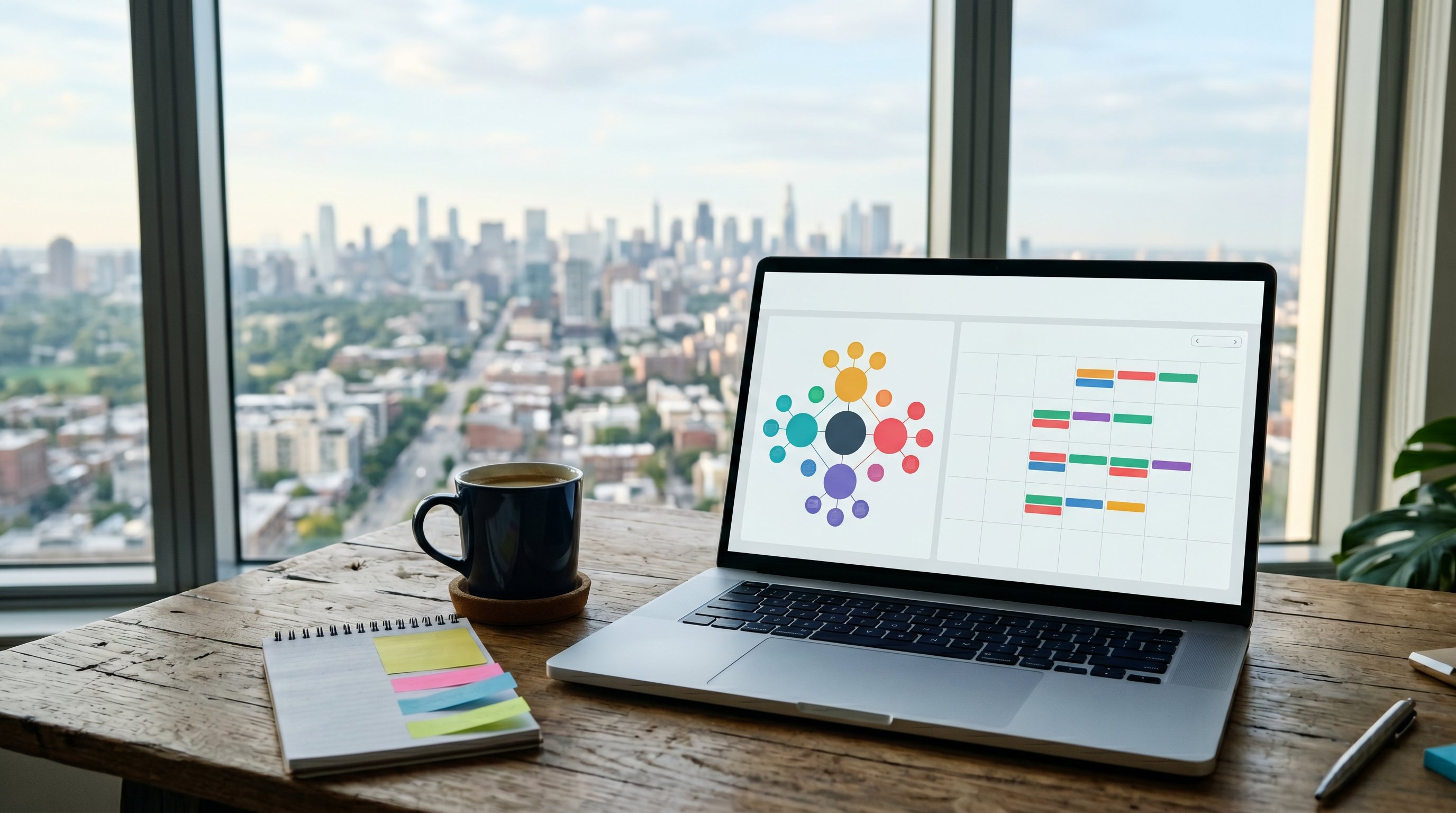 A content strategy dashboard on a laptop with AI-generated topic clusters and a city skyline view