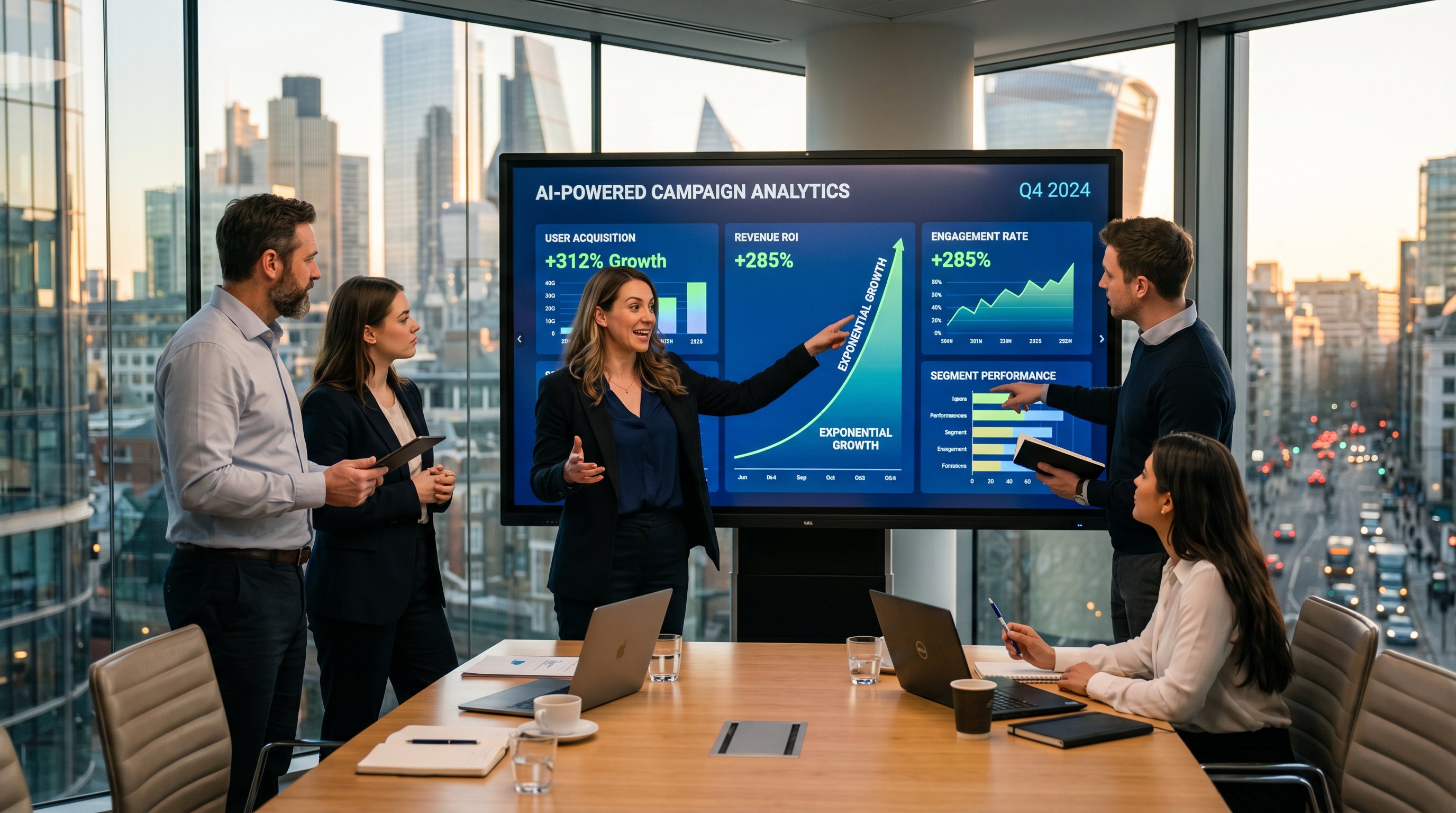 Marketing executive reviewing AI campaign analytics on large touchscreen in modern boardroom