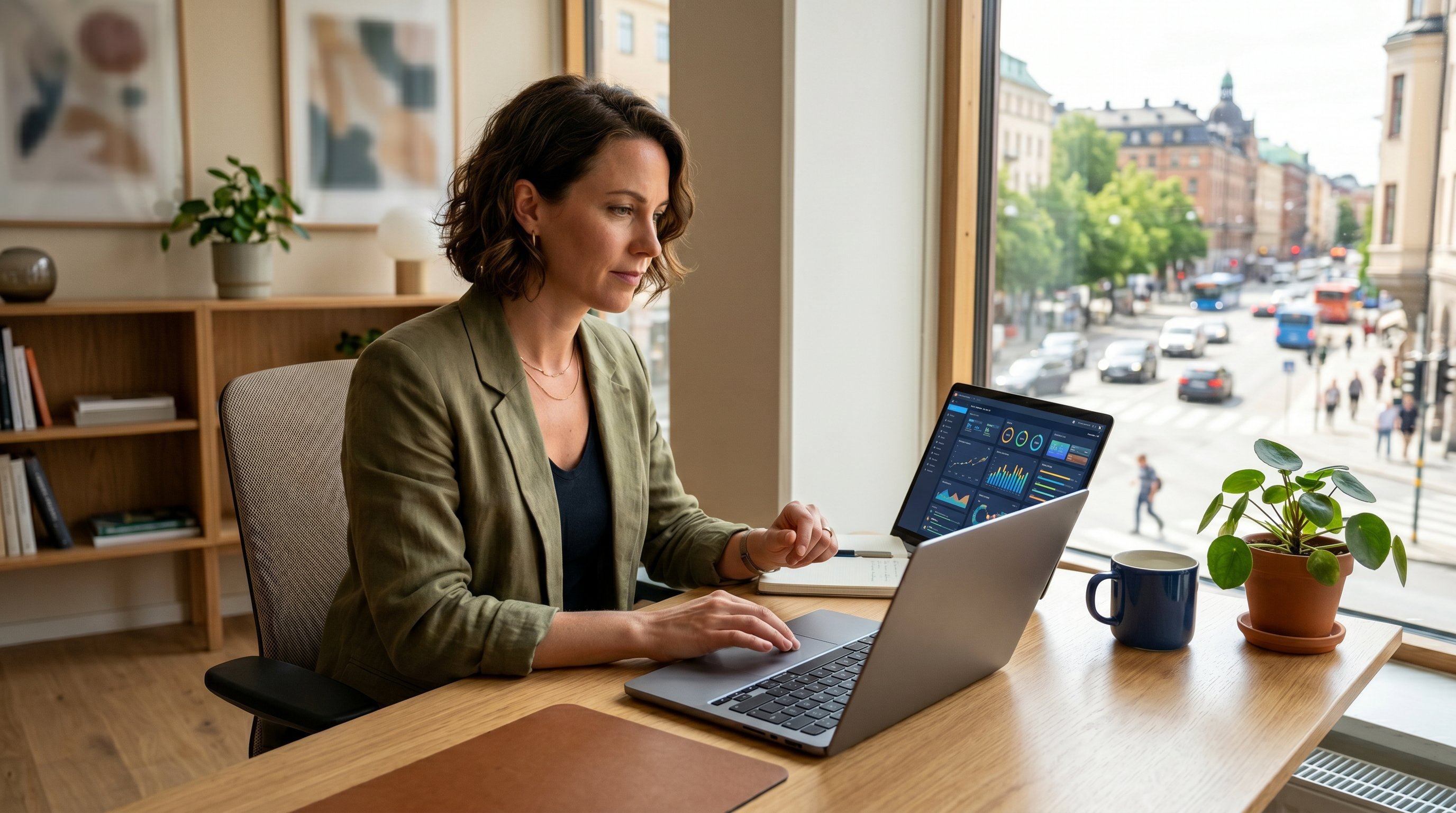Small business owner reviewing an AI marketing automation dashboard with a city street scene outside