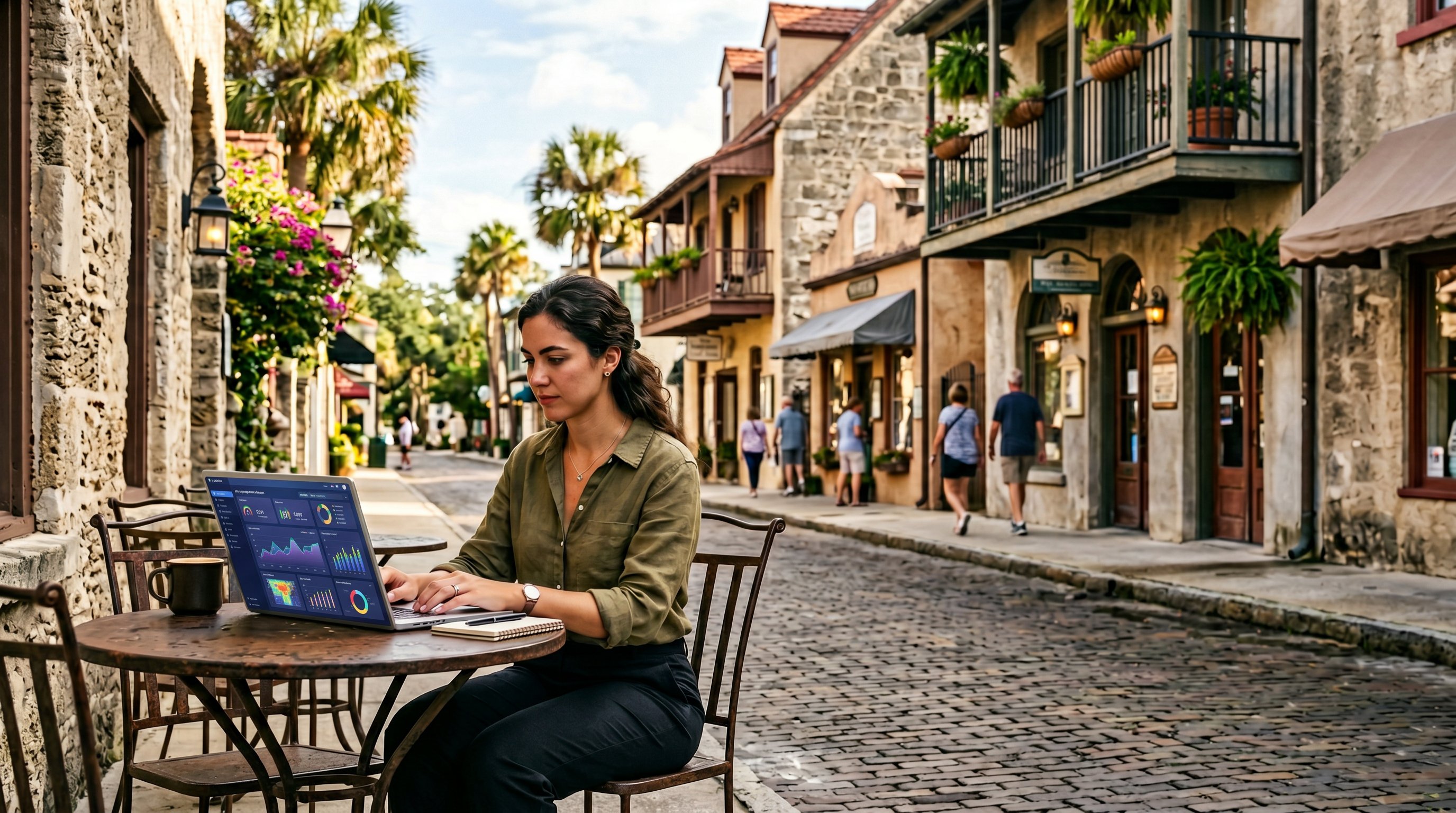 Historic St. Augustine street scene with local businesses and a marketer working on AI campaign planning