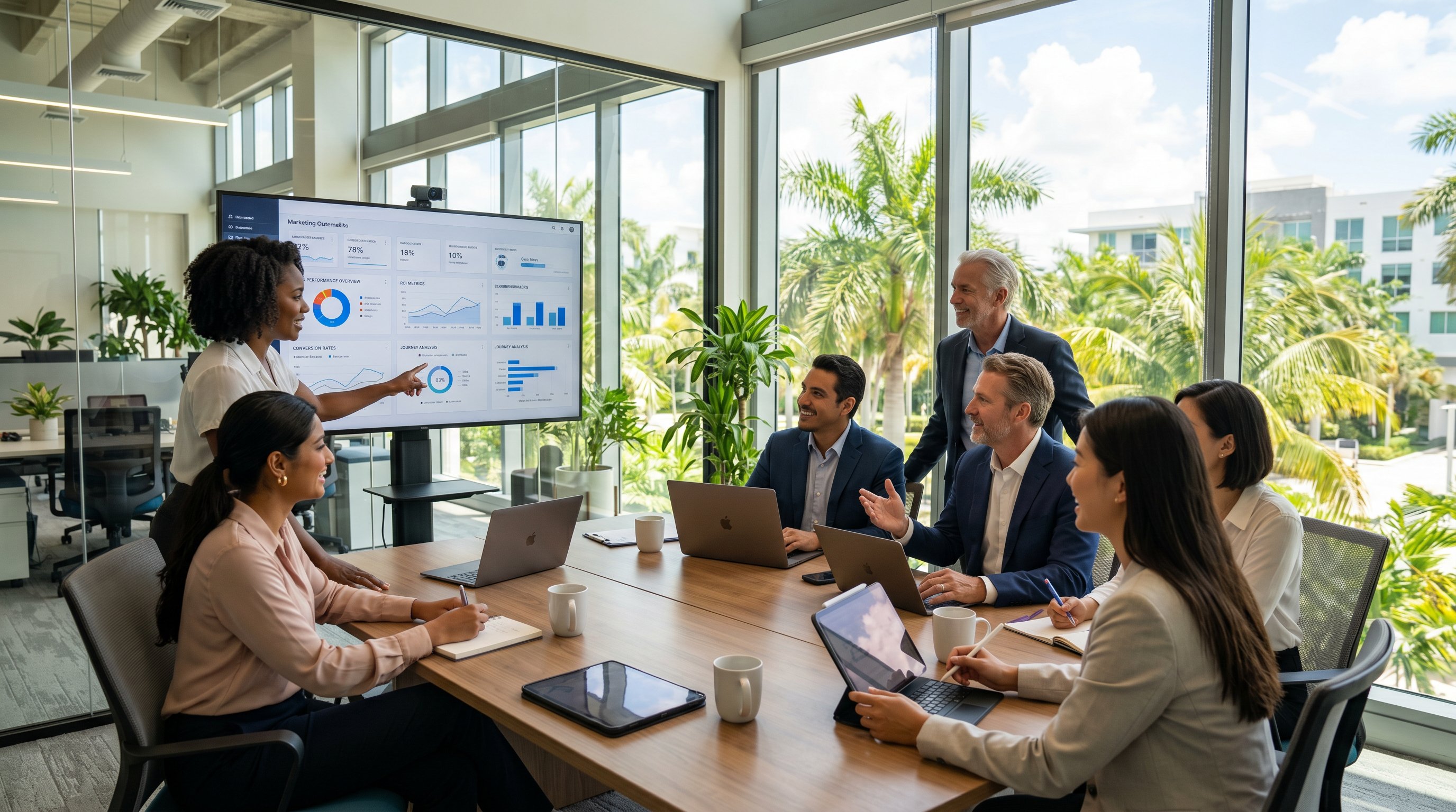 Florida business team collaborating over a laptop showing lead generation analytics in a bright coastal office