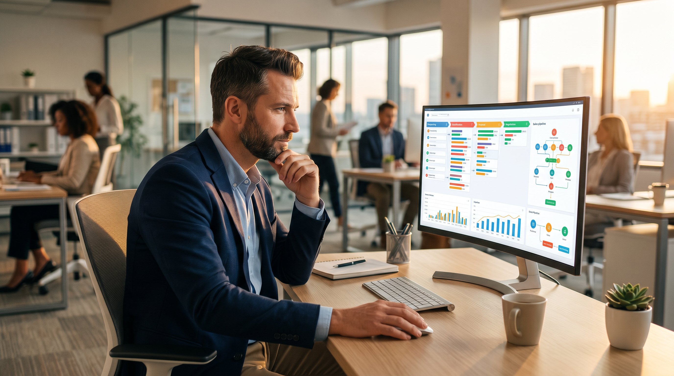 Professional reviewing a digital sales pipeline dashboard with AI-generated lead data on a modern desktop setup