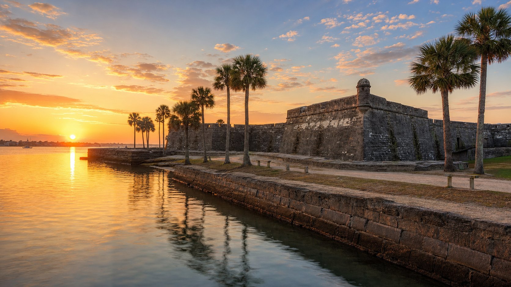 St. Augustine FL waterfront skyline and historic district at sunrise