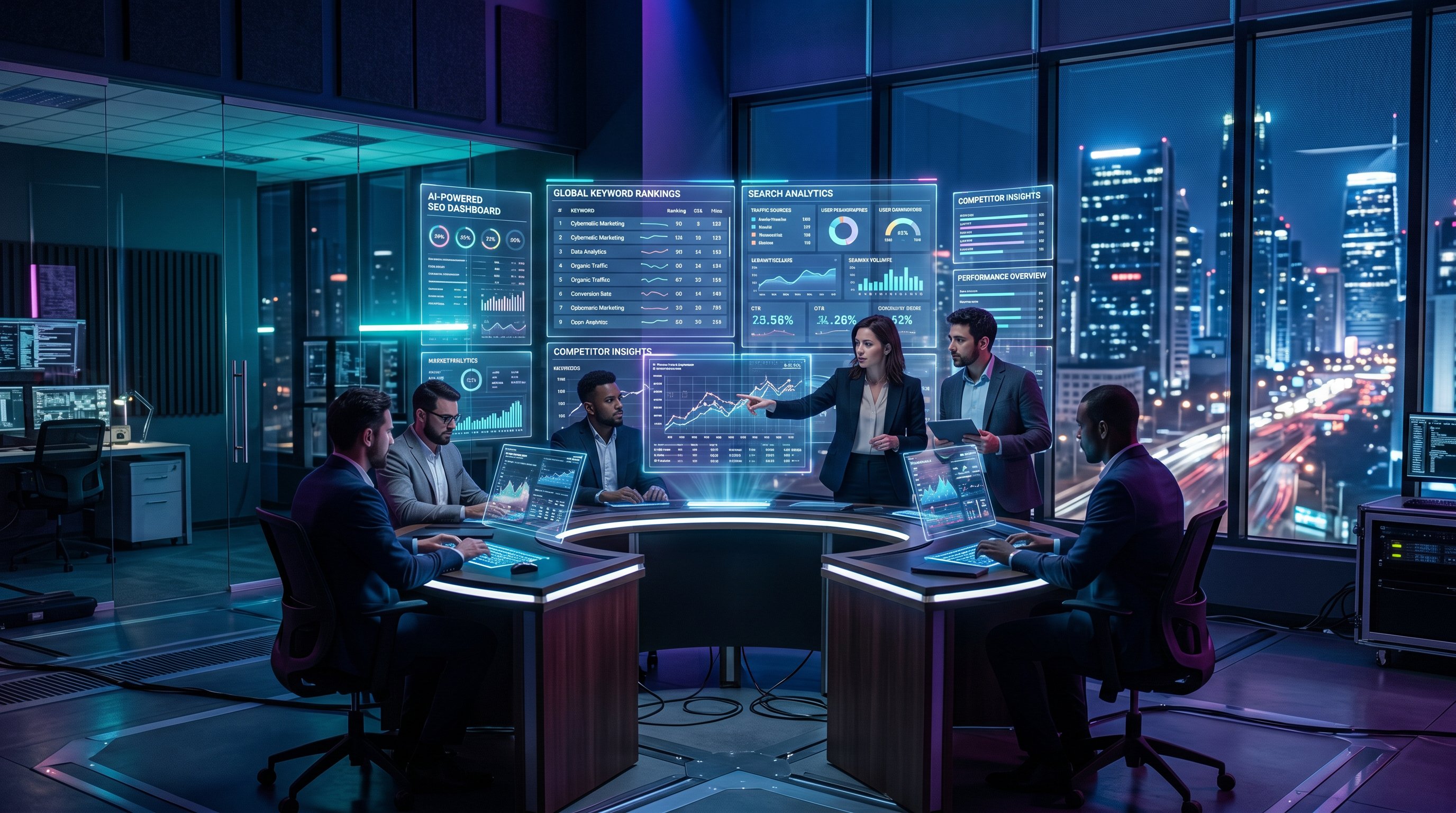Futuristic marketing command center with holographic AI-powered SEO dashboards