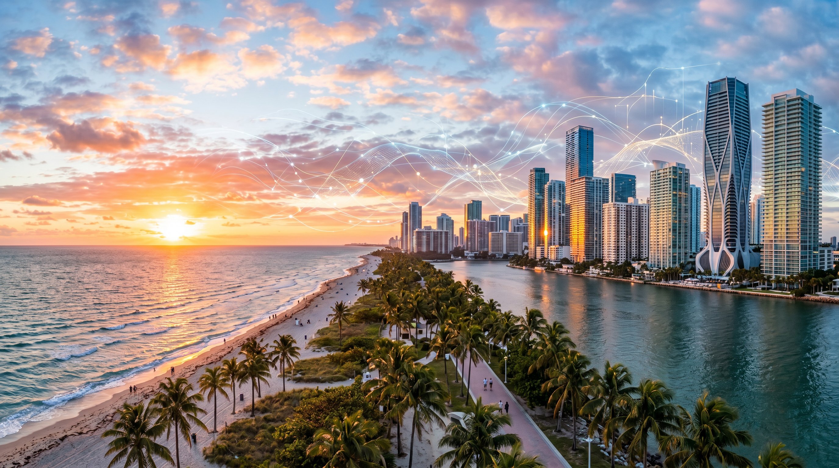 Florida skyline at sunrise with abstract AI network overlay representing local search optimization