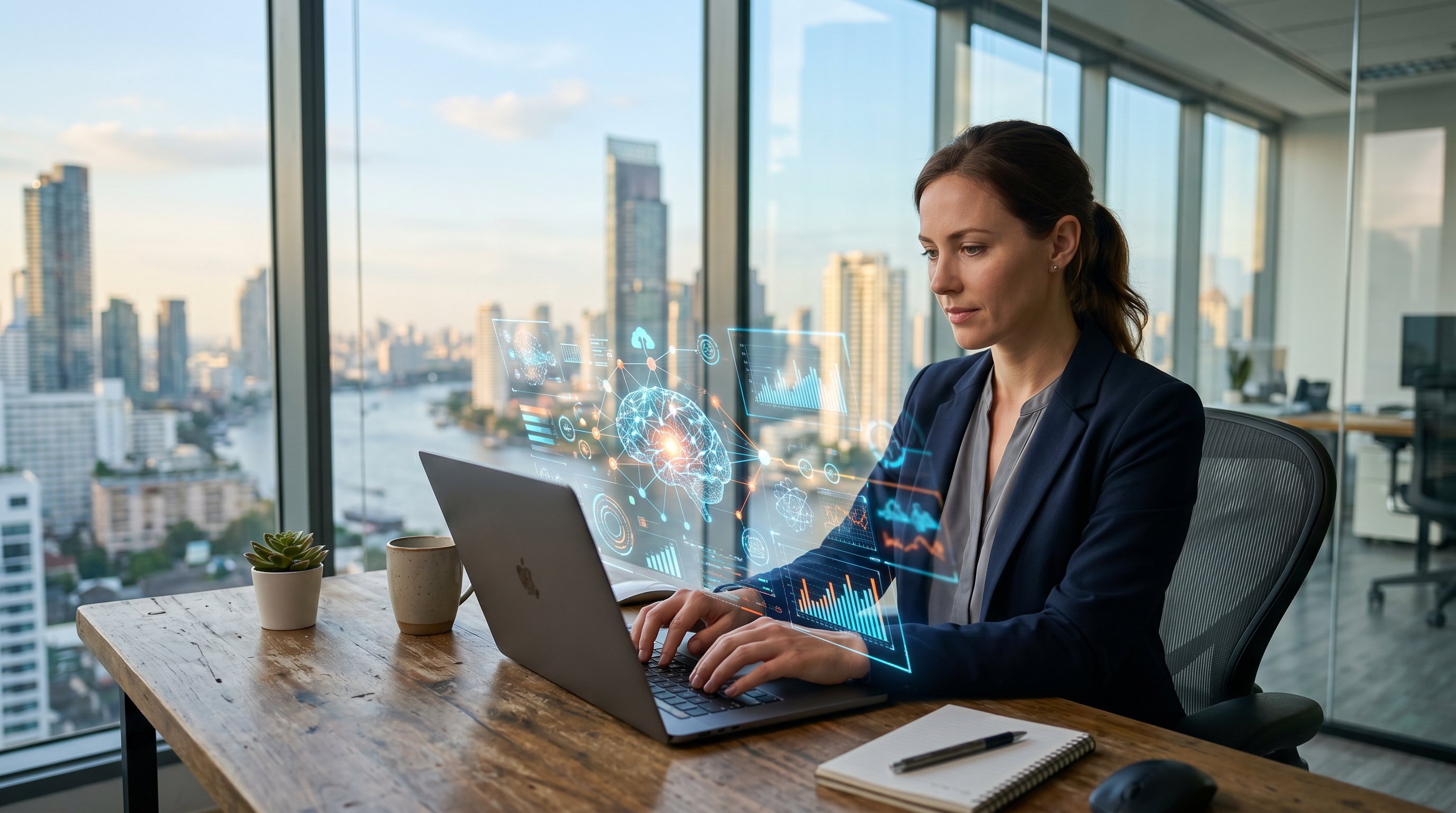 Service business owner using AI SEO tools at a laptop with a modern city skyline in the background
