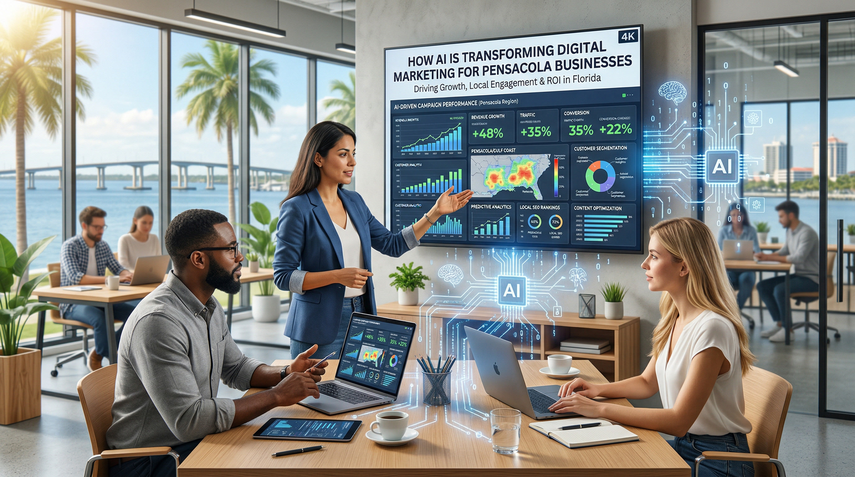 Pensacola FL skyline and NAS Pensacola representing AI digital marketing transformation for local businesses