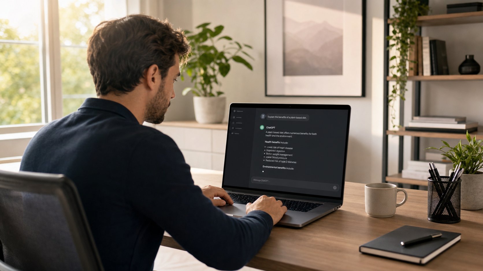 Business owner reviewing search performance on a laptop in a modern office