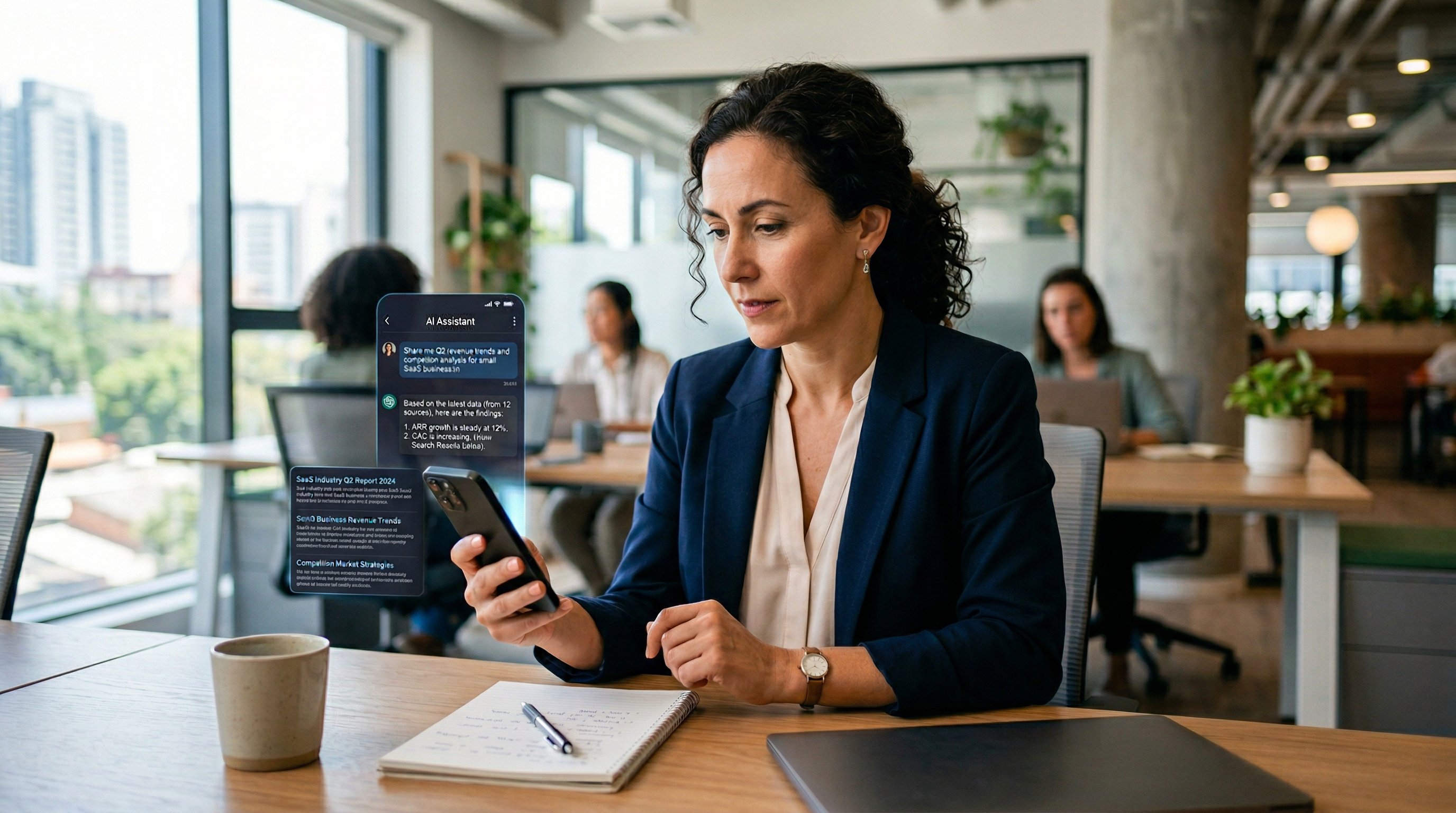 Business owner interacting with AI chatbot on smartphone in modern office