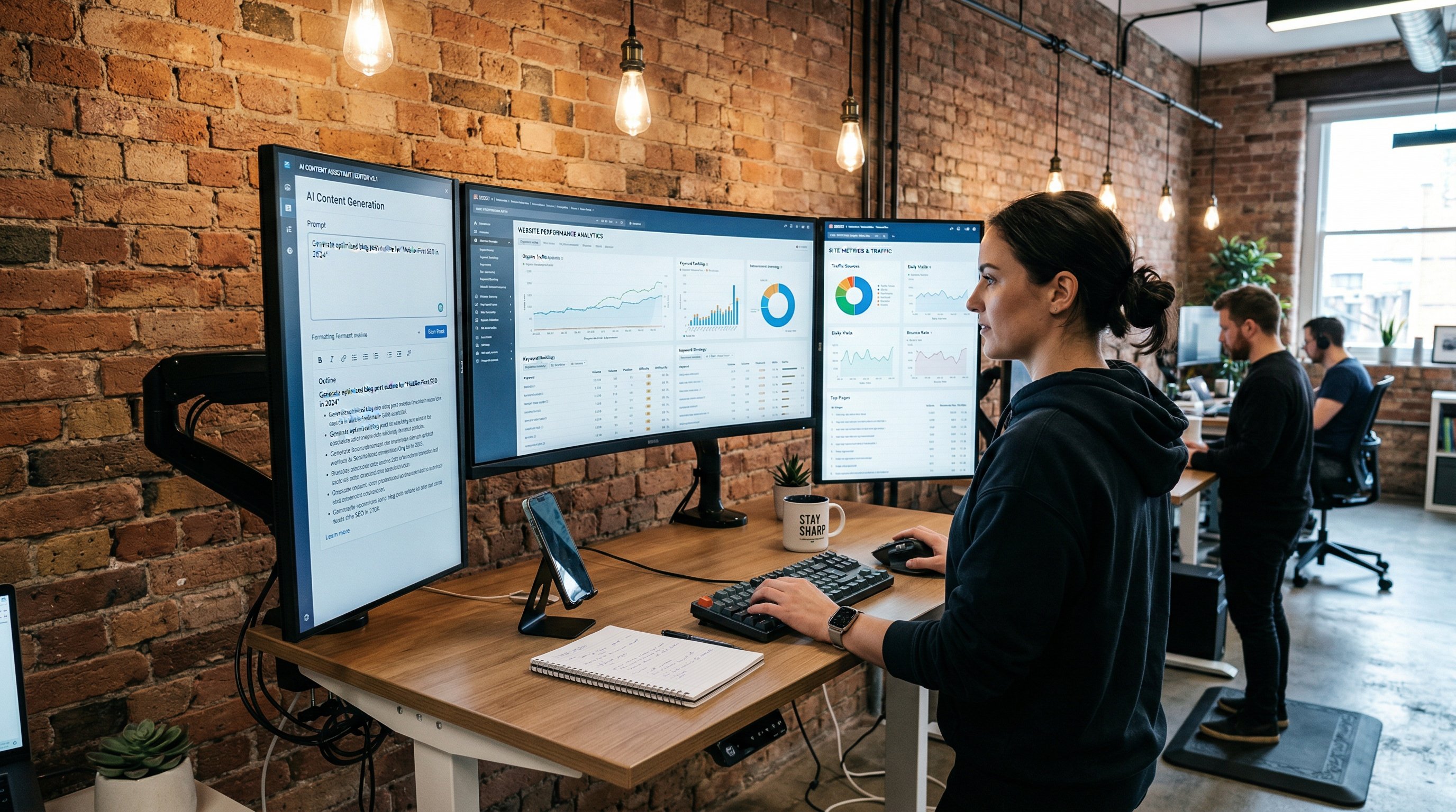Multiple computer screens showing different SEO tool dashboards in a modern workspace
