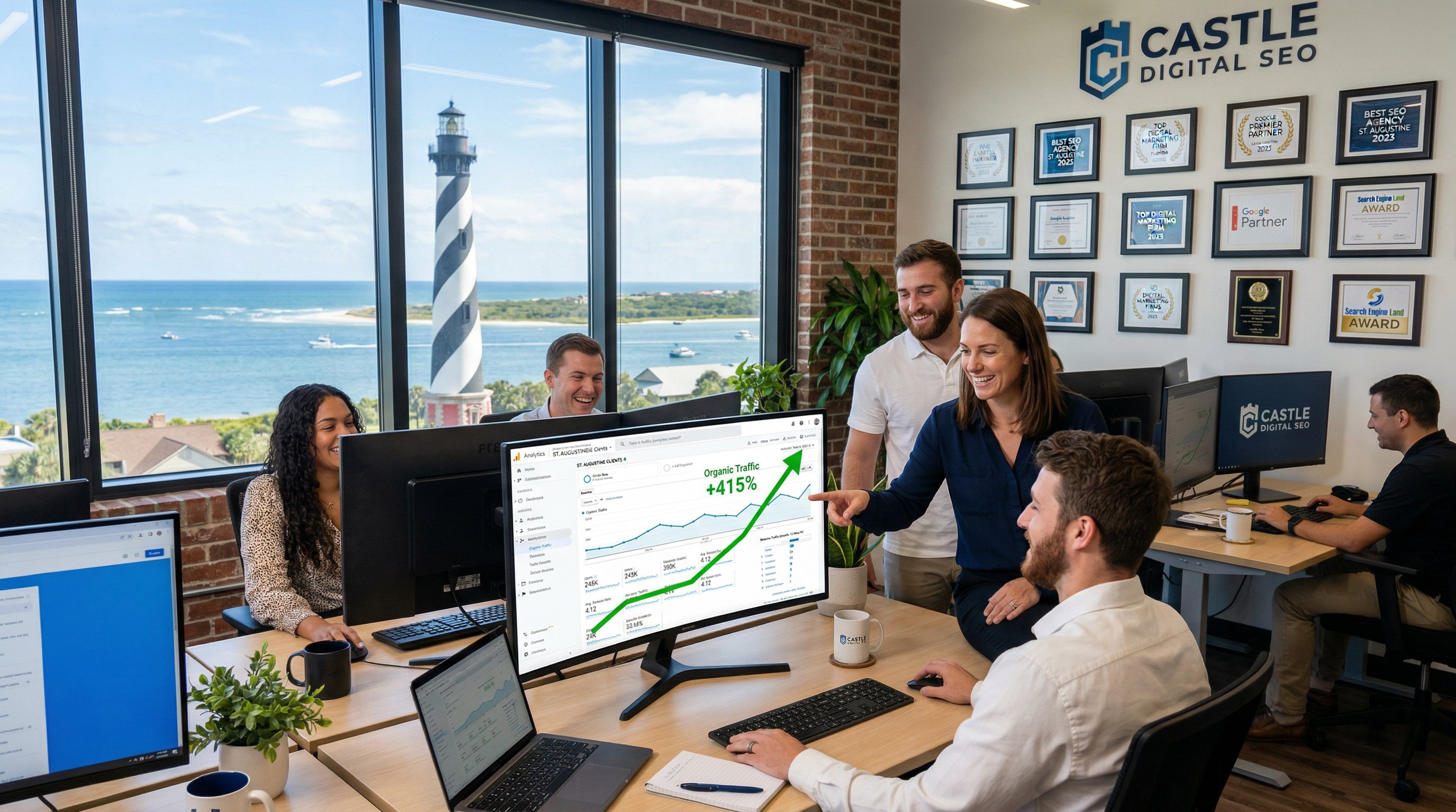 St. Augustine Florida historic downtown with digital marketing and SEO growth overlay representing Search Scale AI's local SEO dominance