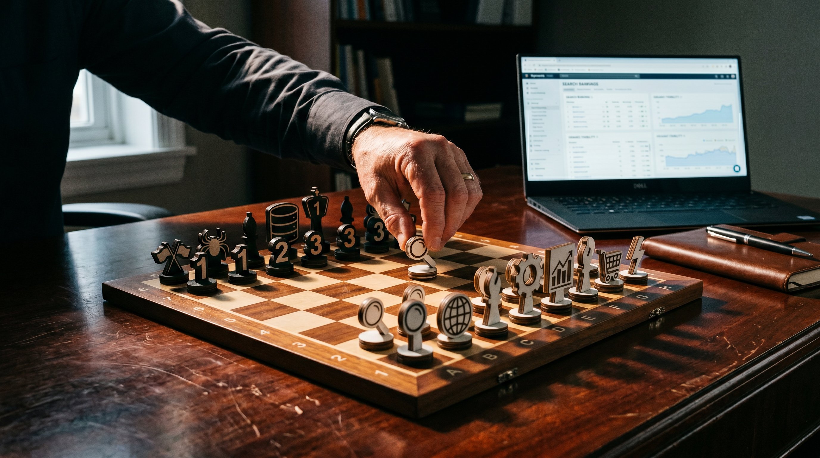 Hand moving a chess piece on a strategy board with search engine symbols as game pieces