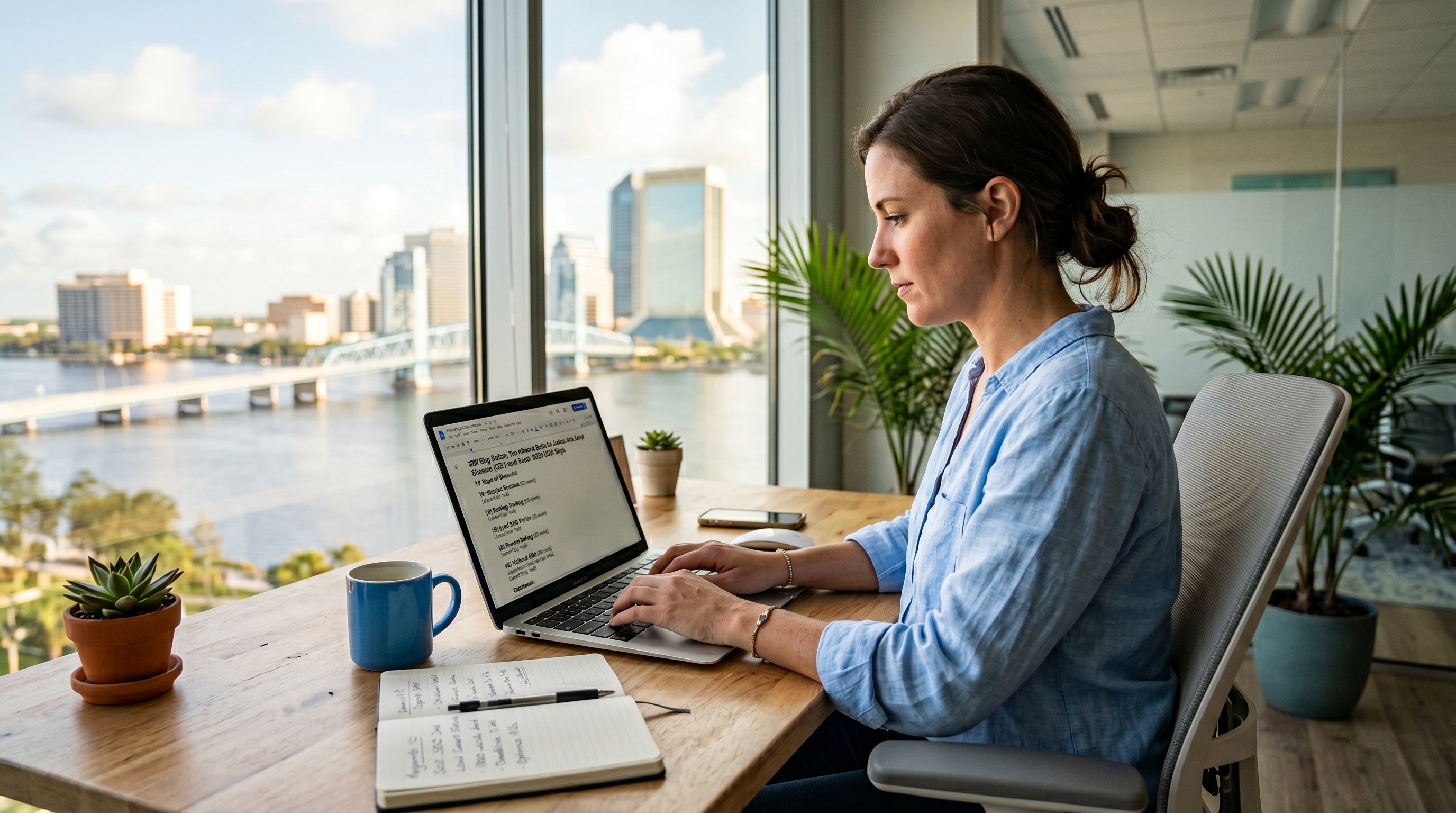 Laptop with an SEO content outline and word count notes in Jacksonville Florida