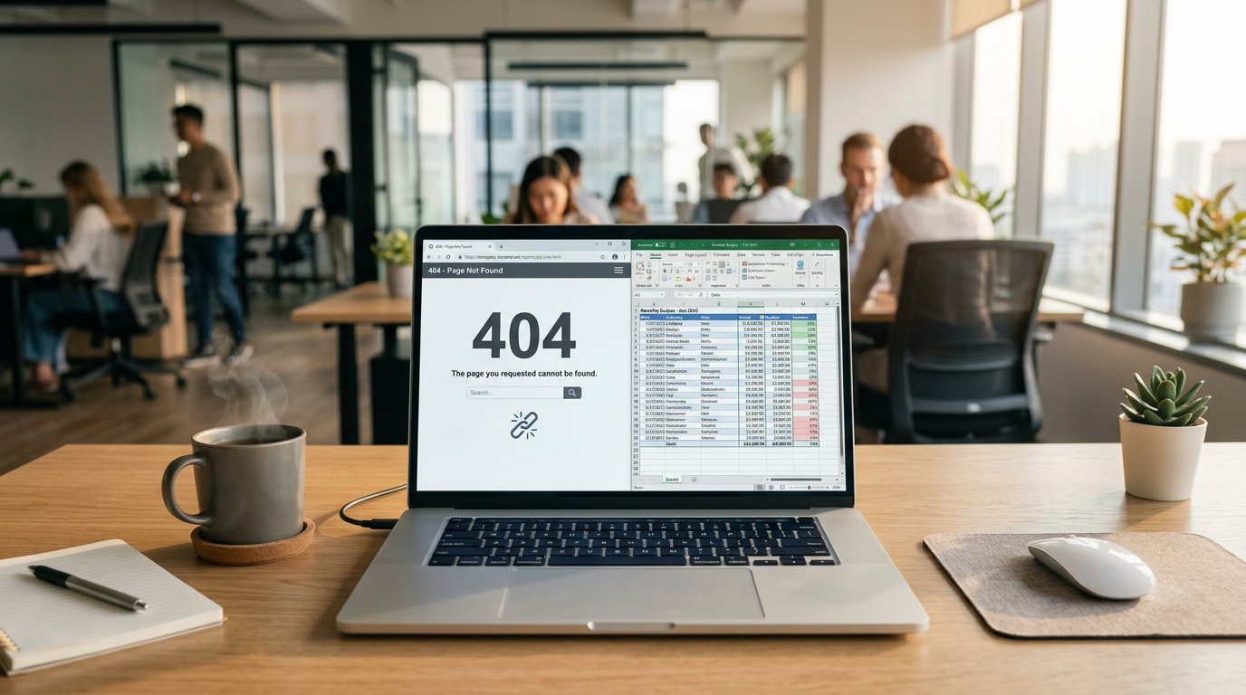 Broken link building workflow on a laptop in a downtown office