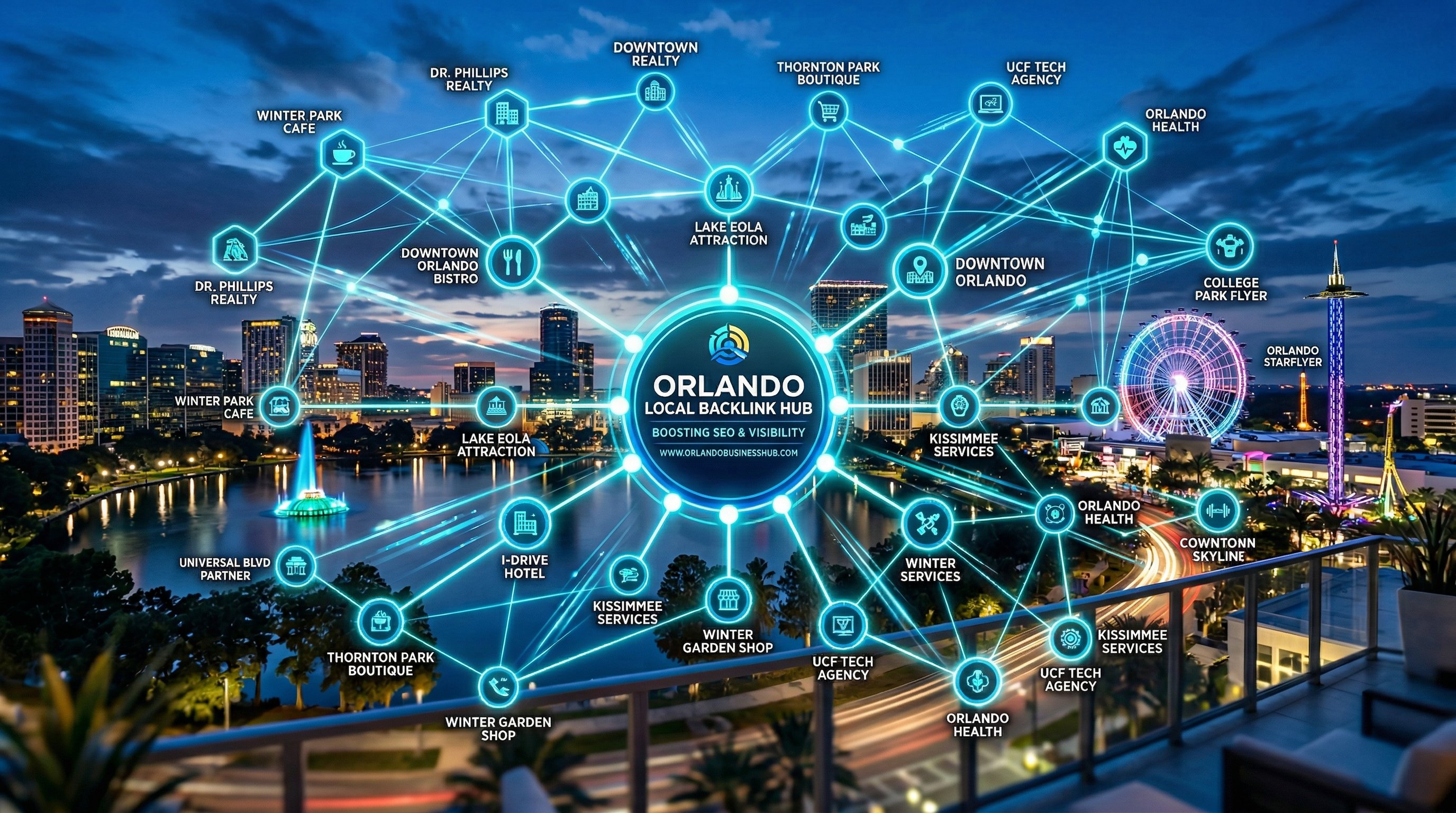 Orlando cityscape with digital link-building network overlay representing local backlink strategy for Central Florida businesses
