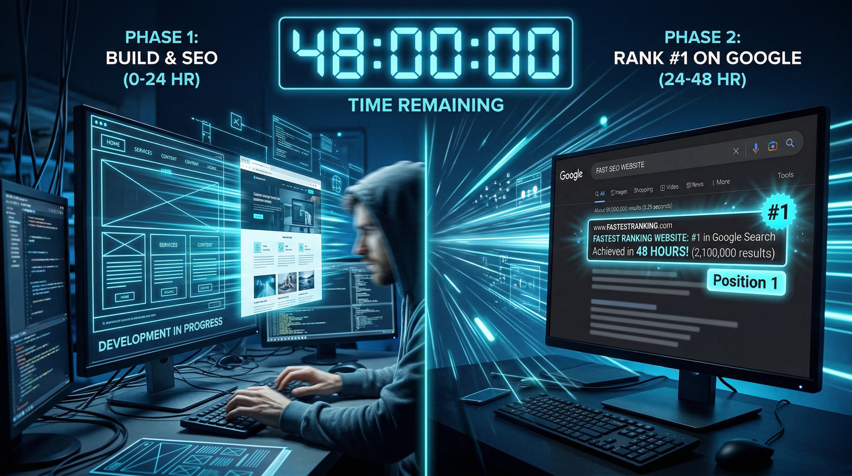 Digital dashboard showing a new website climbing to Google's first page within 48 hours using AI-powered SEO