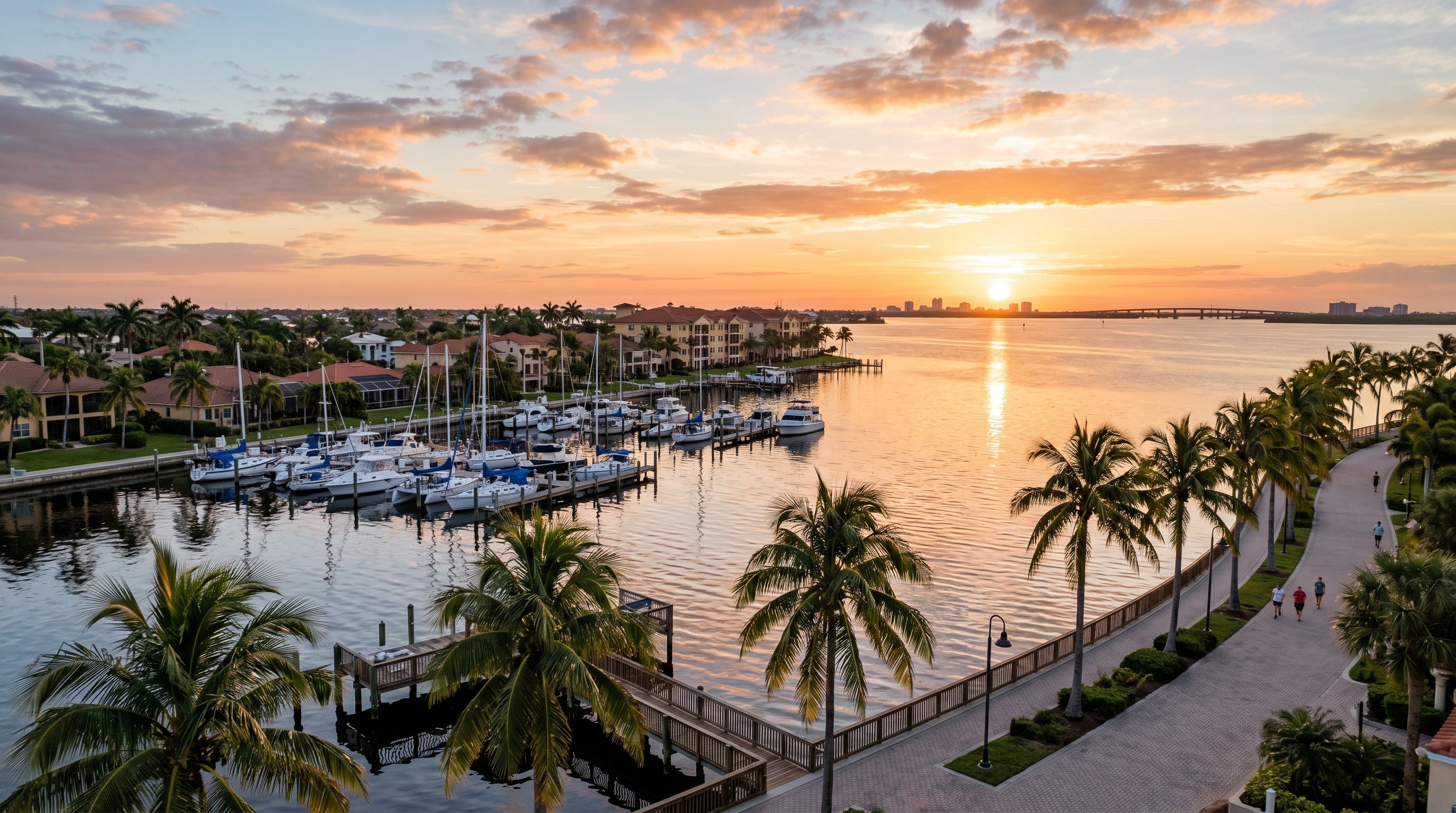 Downtown Cape Coral waterfront with palm trees and boats at sunrise