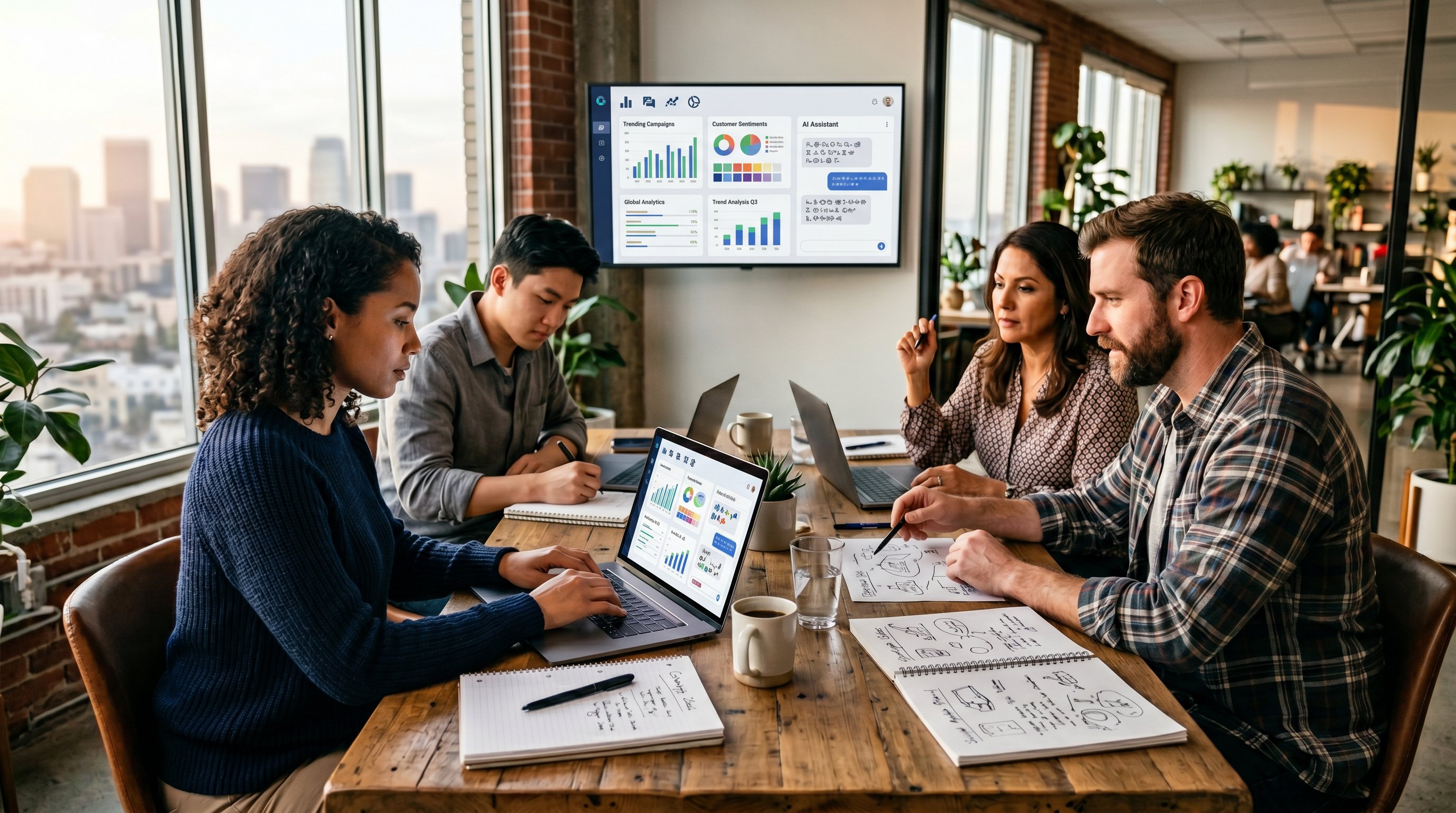 A modern office marketing team using AI on laptops with a city skyline in the background