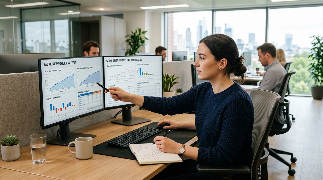 SEO analyst reviewing competitor backlinks on multiple monitors