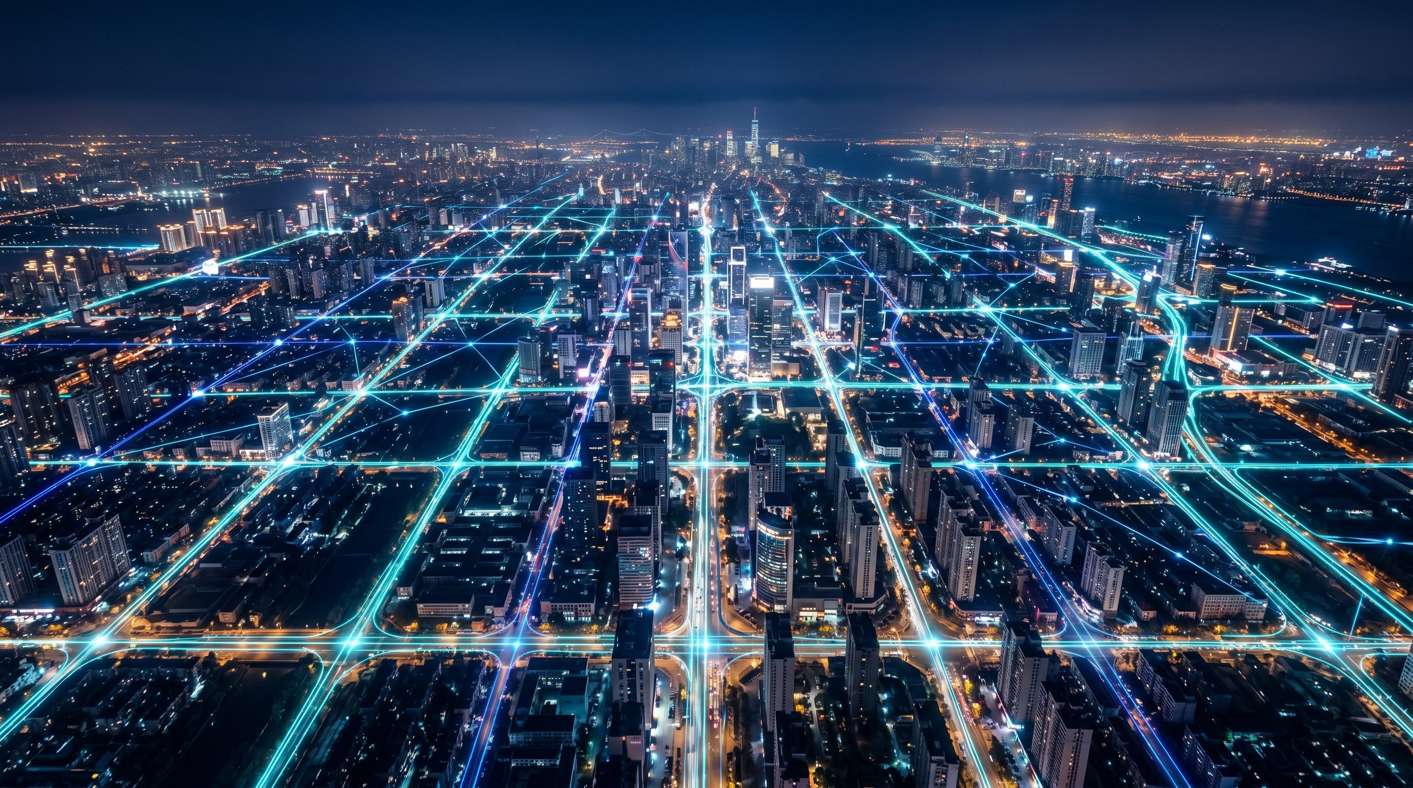 Aerial view of connected city blocks at night like a network map, symbolizing content clusters and internal linking