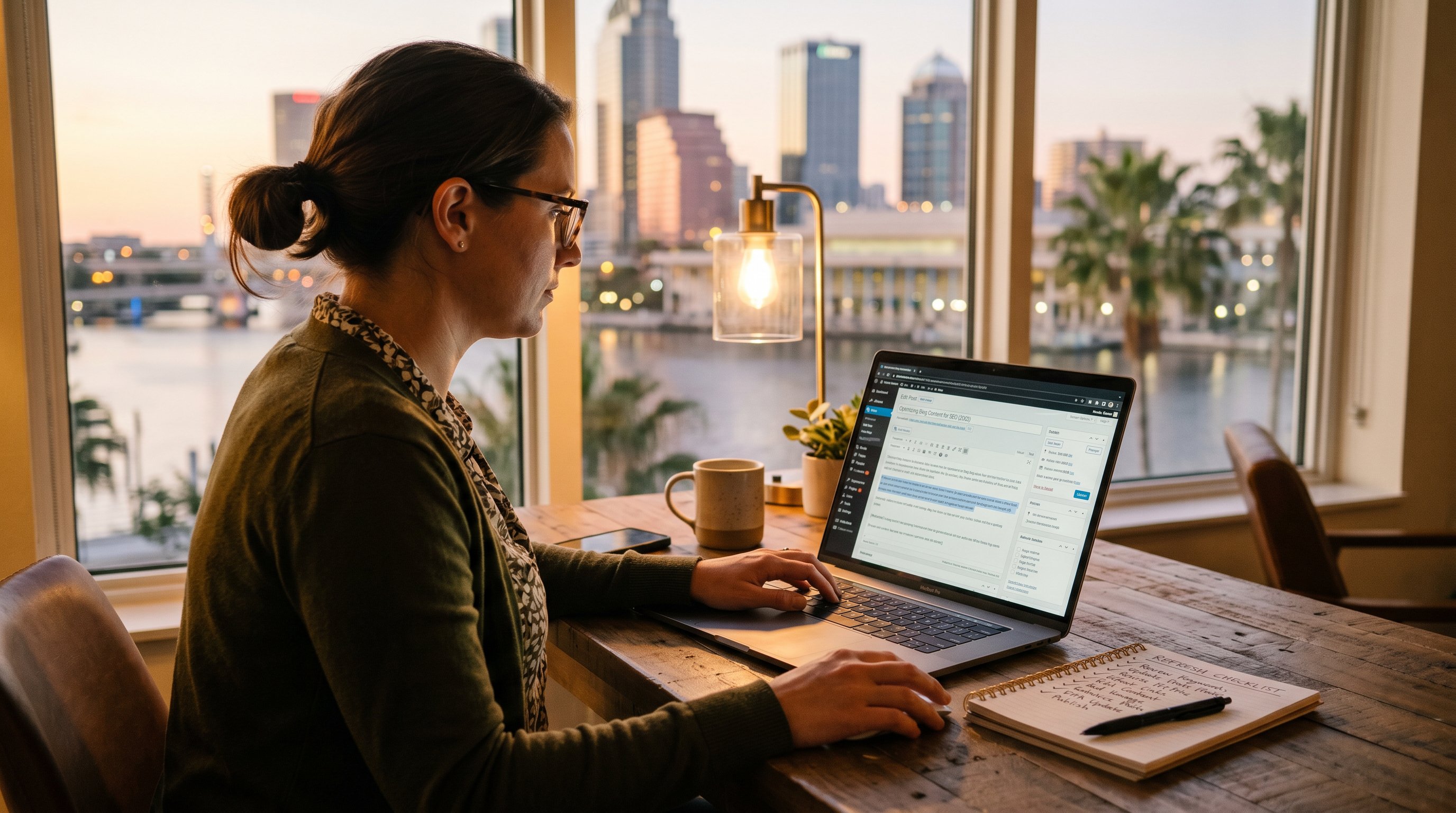 Content editor updating an old blog post on a laptop in Tampa Florida