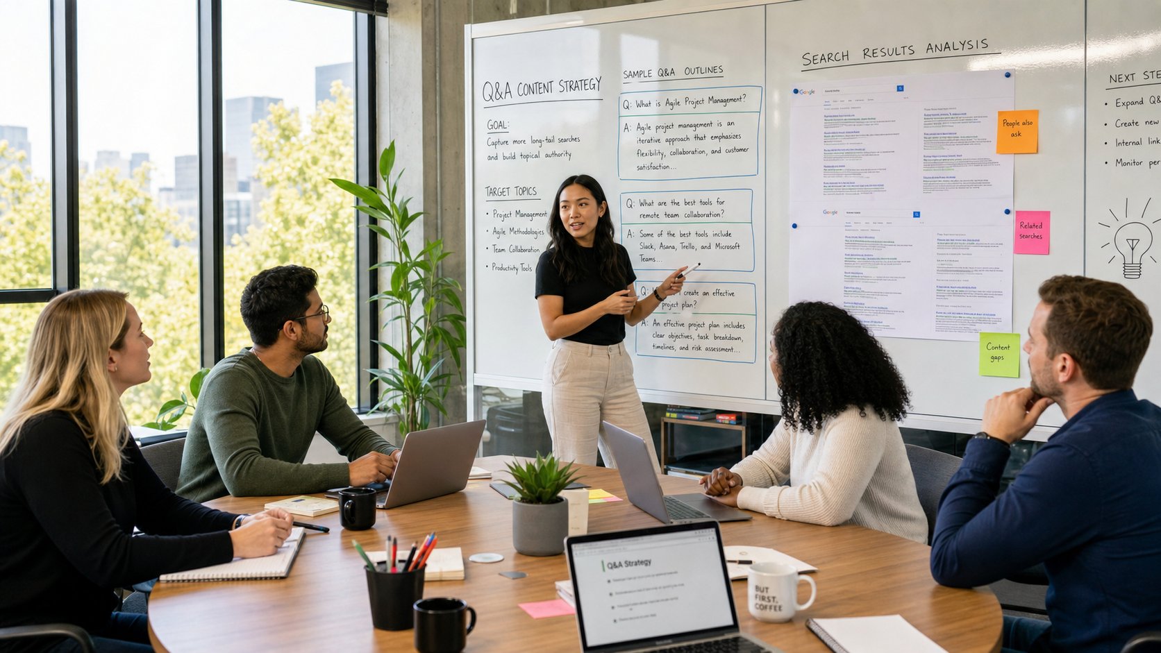 A content strategist outlining conversational answers for AI search on a whiteboard