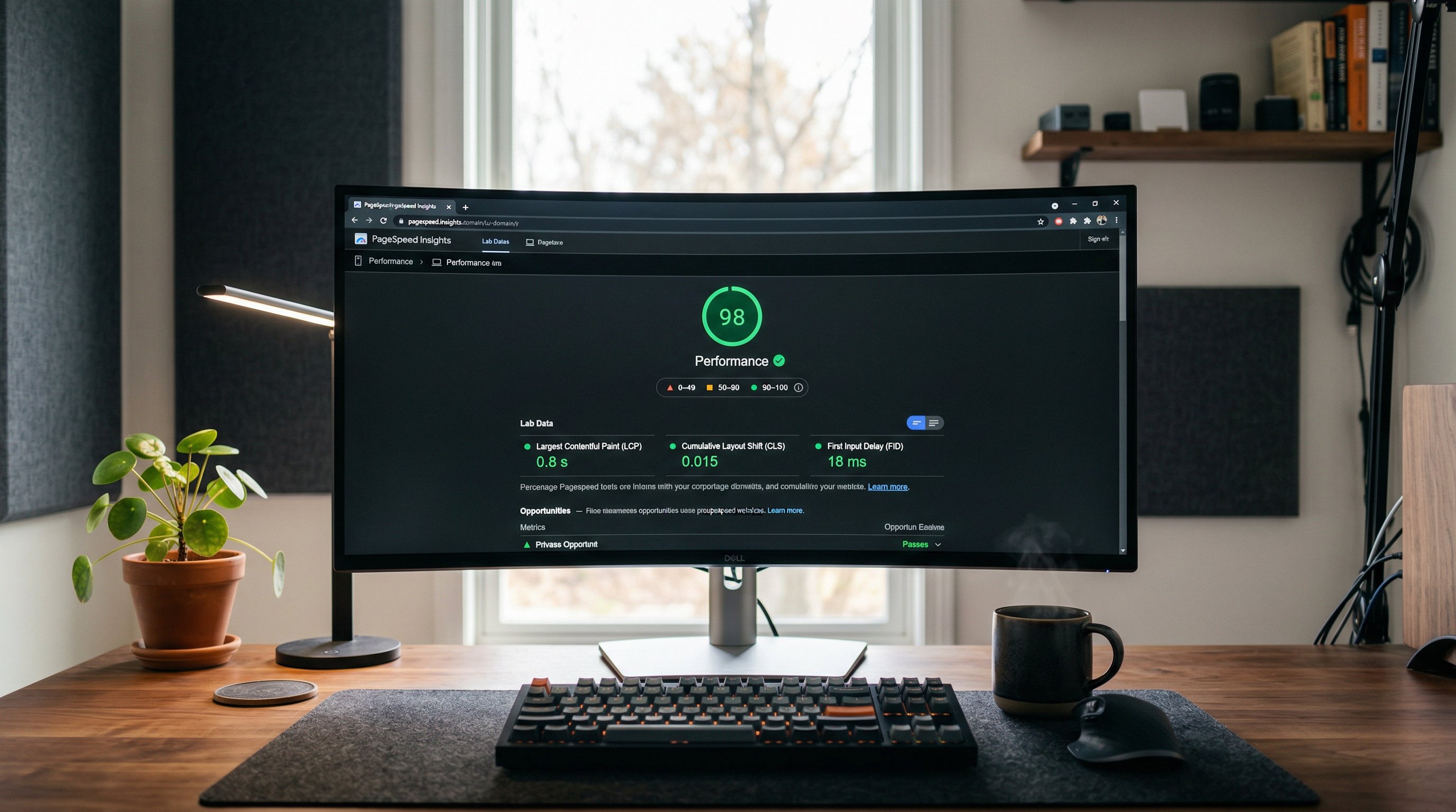 Google PageSpeed Insights showing a 98 performance score on a large curved monitor