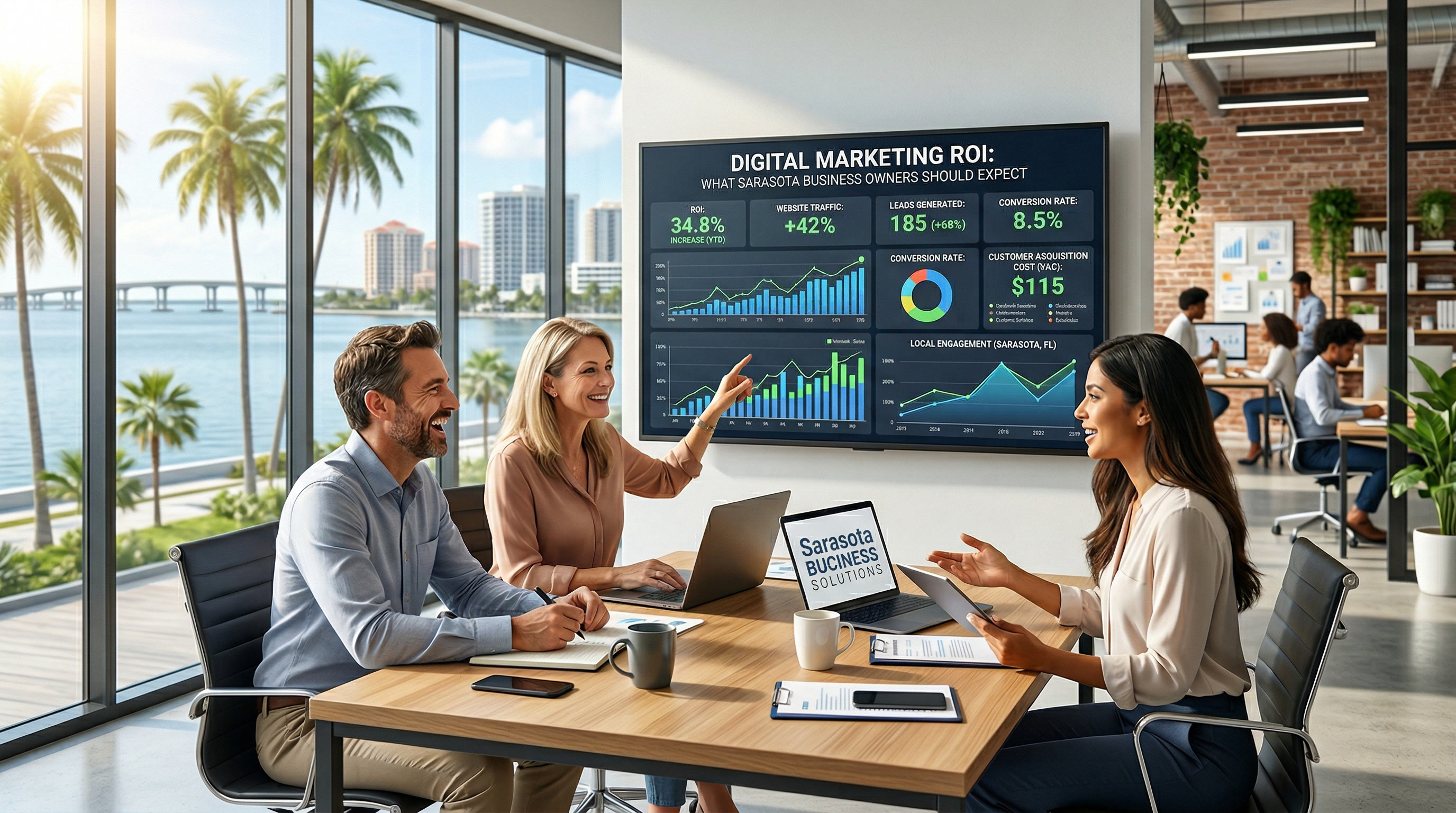 Sarasota FL downtown skyline with digital marketing analytics dashboard representing ROI for local businesses