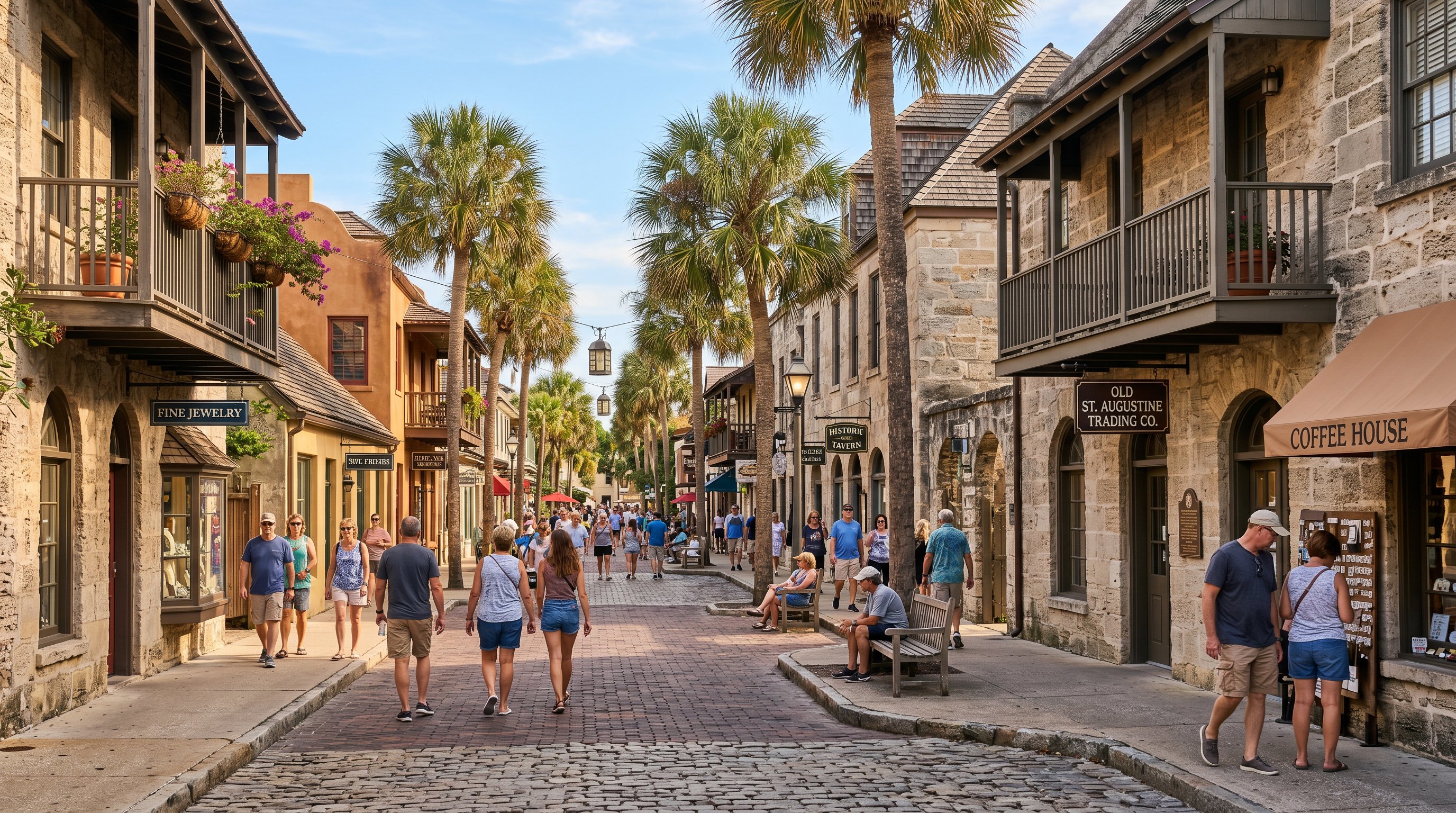 Historic St. Augustine streetscape with local shops and tourists on a sunny morning