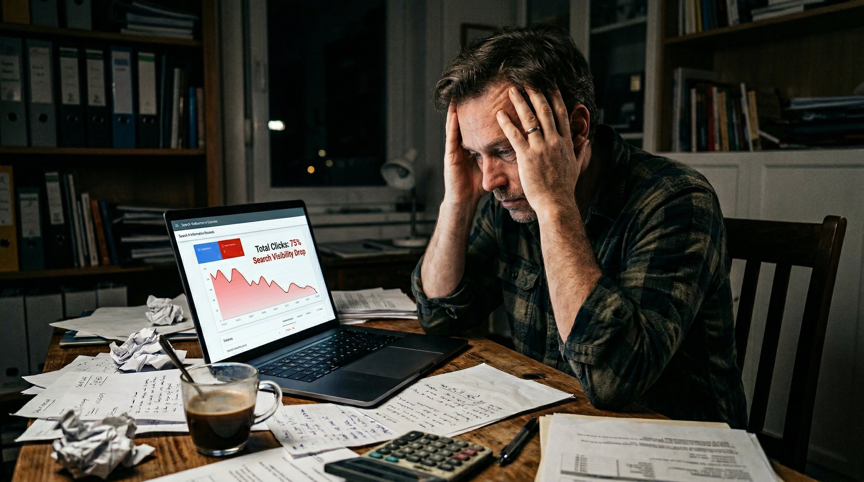 Small business owner with head in hands looking at a laptop showing declining search graphs