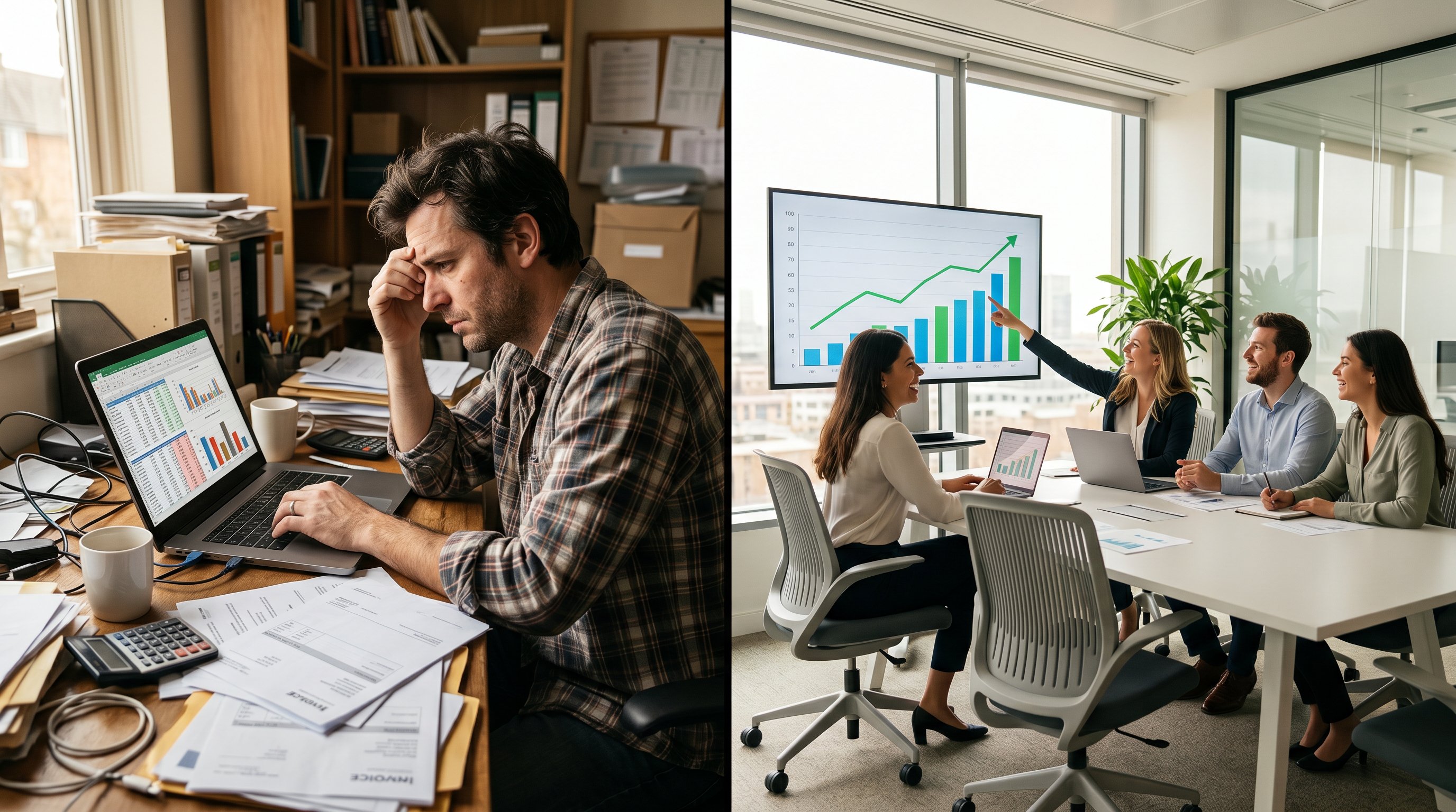 Split view comparing a business owner struggling with SEO alone versus a professional SEO agency team in St. Augustine Florida