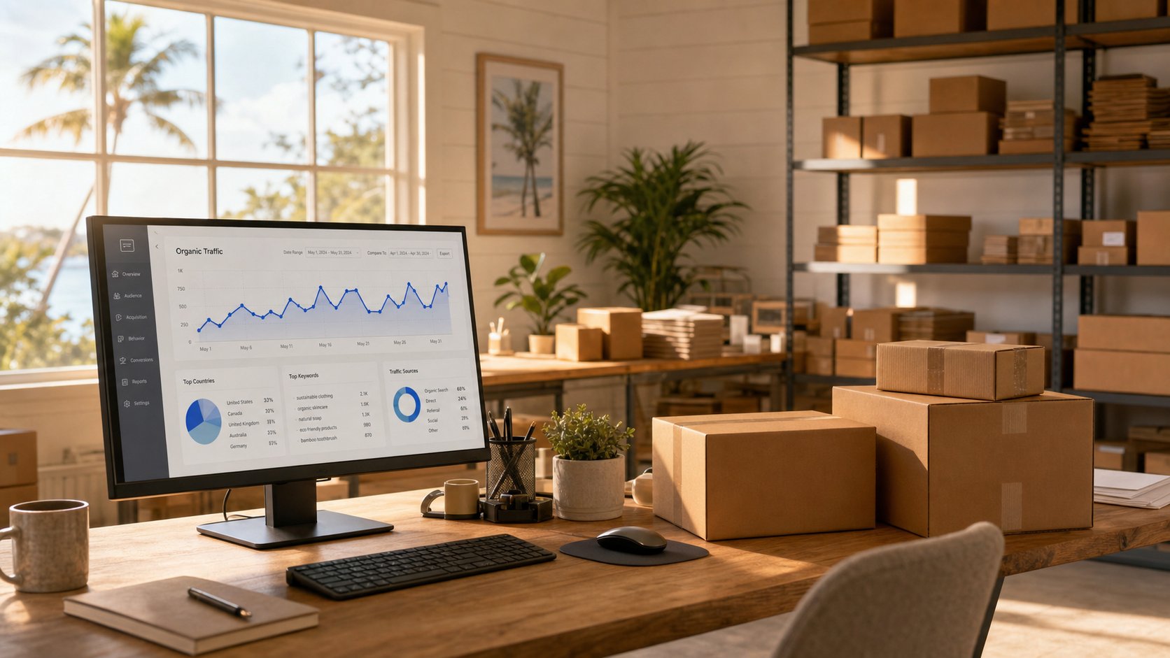 Florida retailer shipping orders with e-commerce SEO analytics on screen