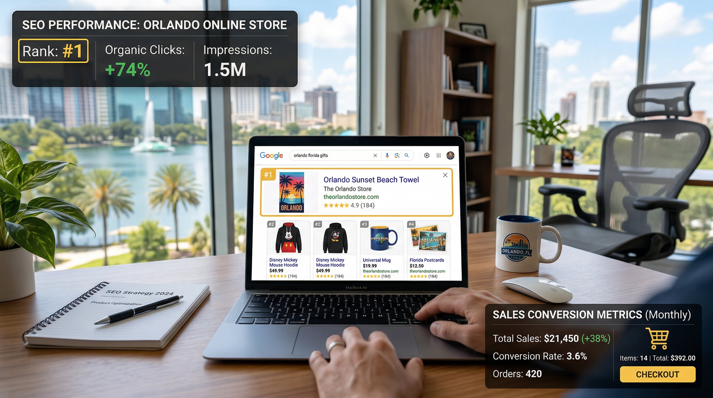 E-commerce product dashboard showing Orlando online store SEO rankings and organic traffic growth metrics for 2026