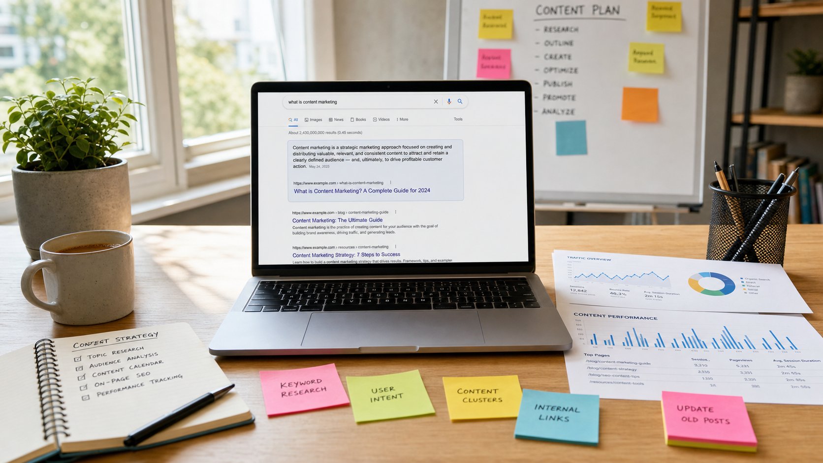 A marketer reviewing a SERP with a highlighted featured snippet on a laptop screen