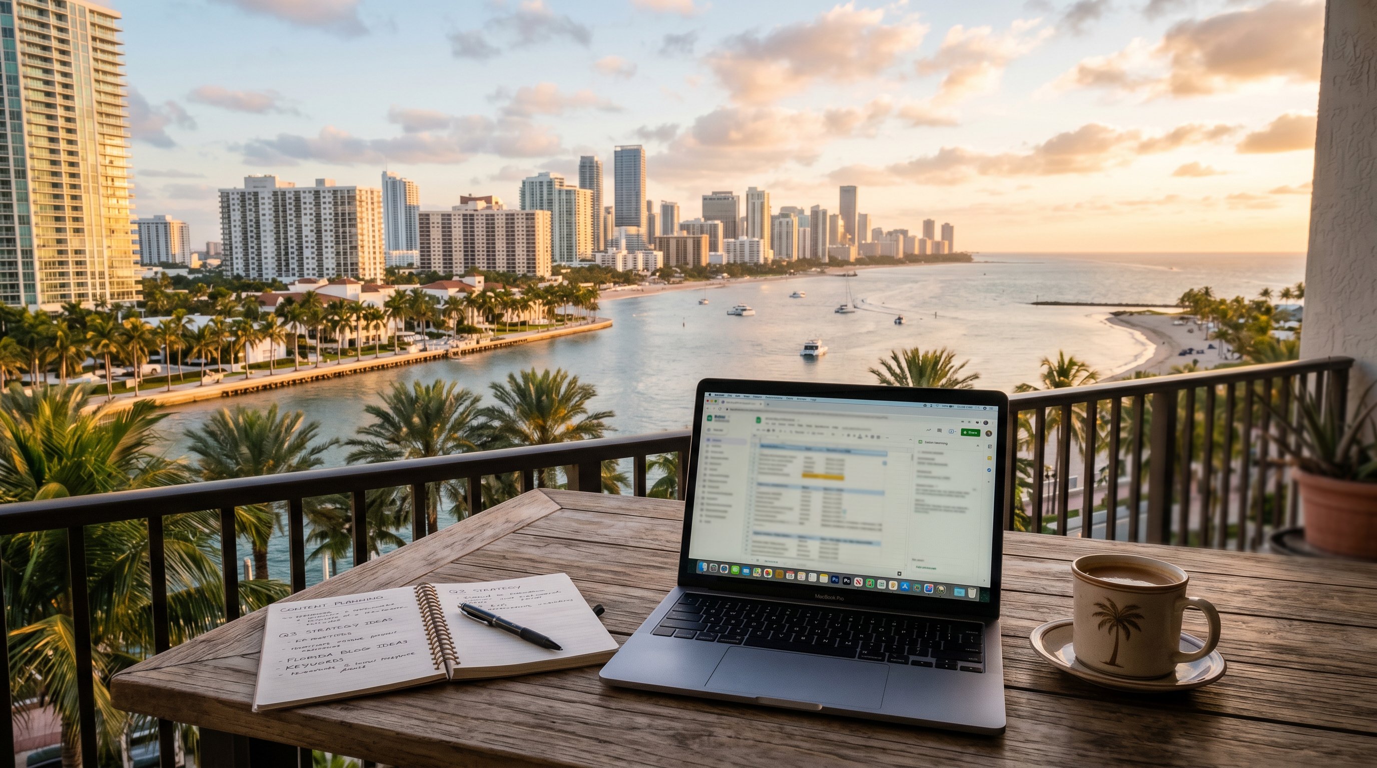 Coastal Florida city skyline with palm trees and a notebook planning content strategy, representing statewide content marketing