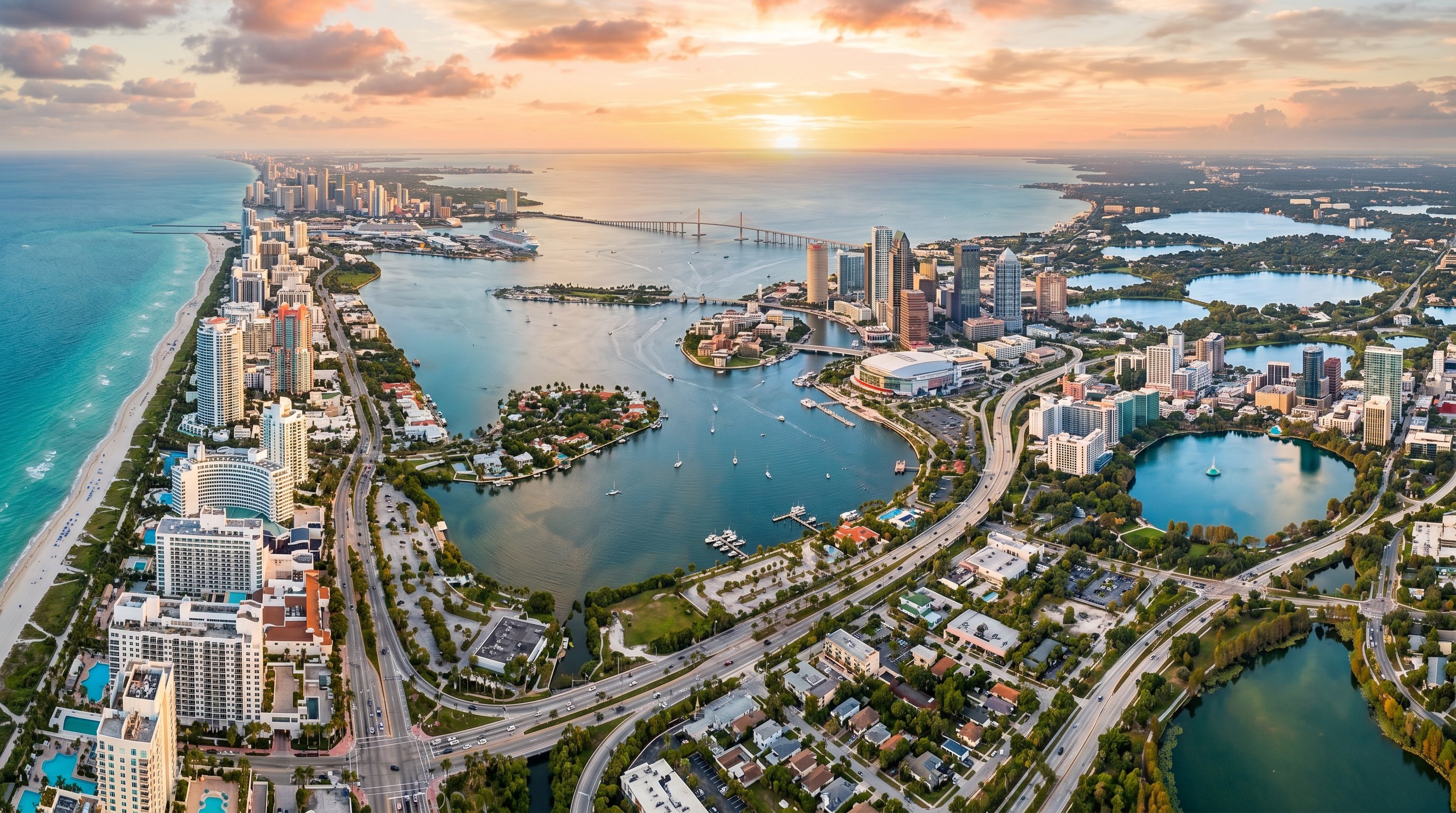 Aerial view of Florida coastline with city skyline and palm trees