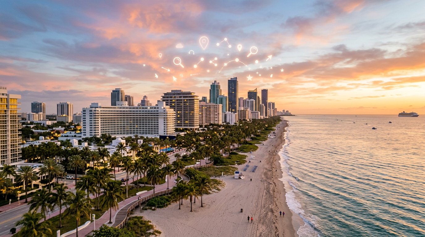 Florida coastline skyline with business district and subtle search icons