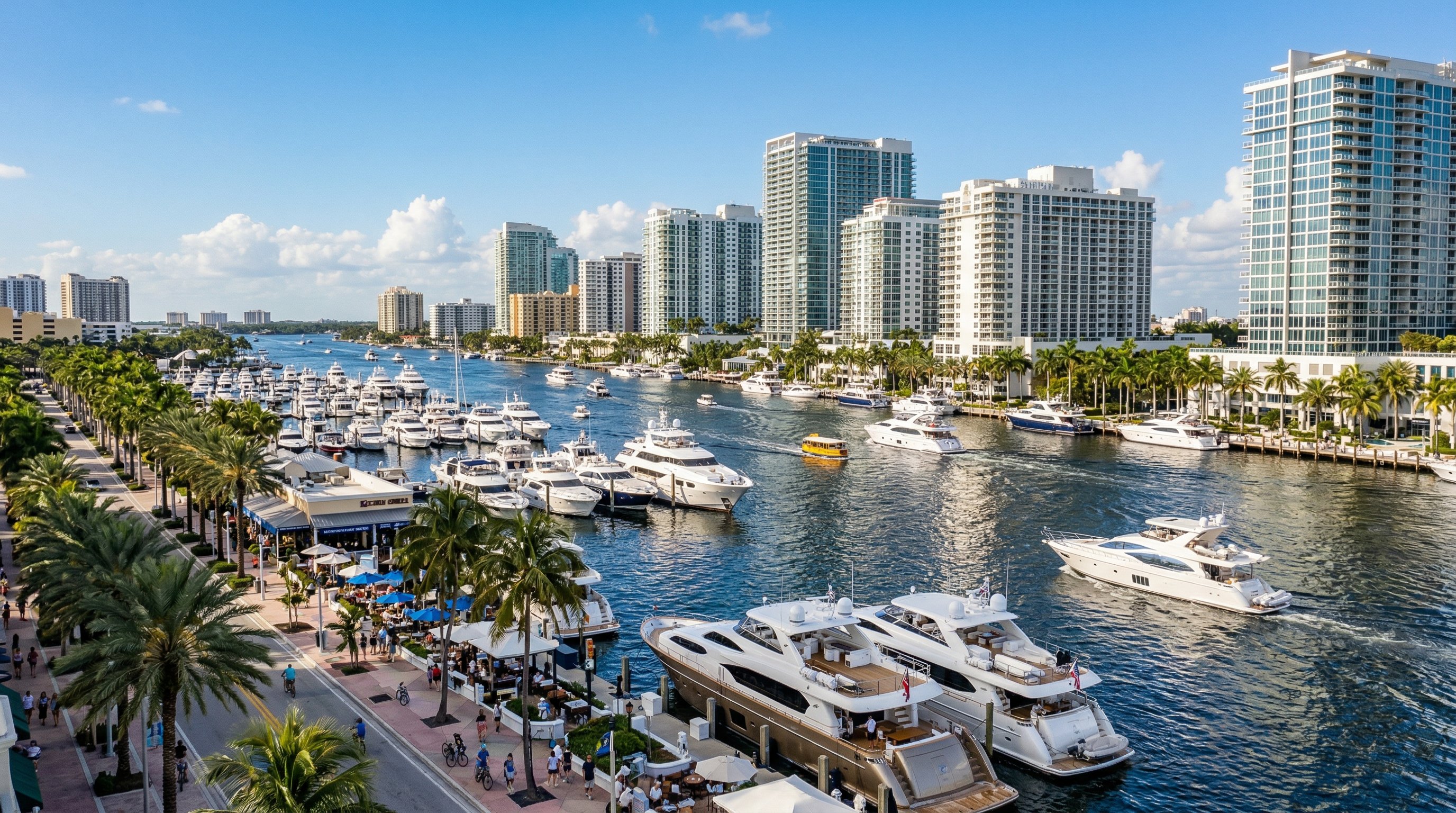 Fort Lauderdale Florida Intracoastal Waterway with luxury yachts and waterfront businesses