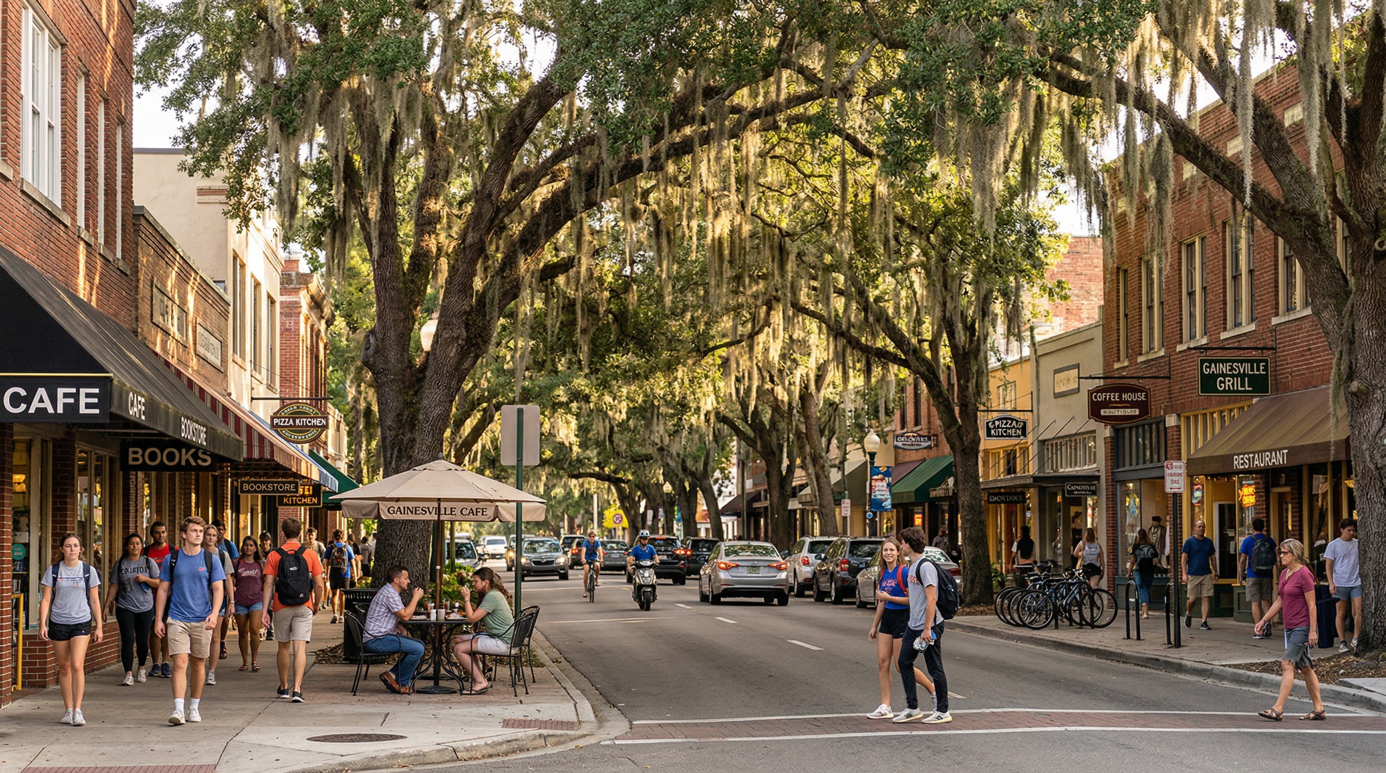 University Avenue in Gainesville Florida with local shops and live oak trees with Spanish moss