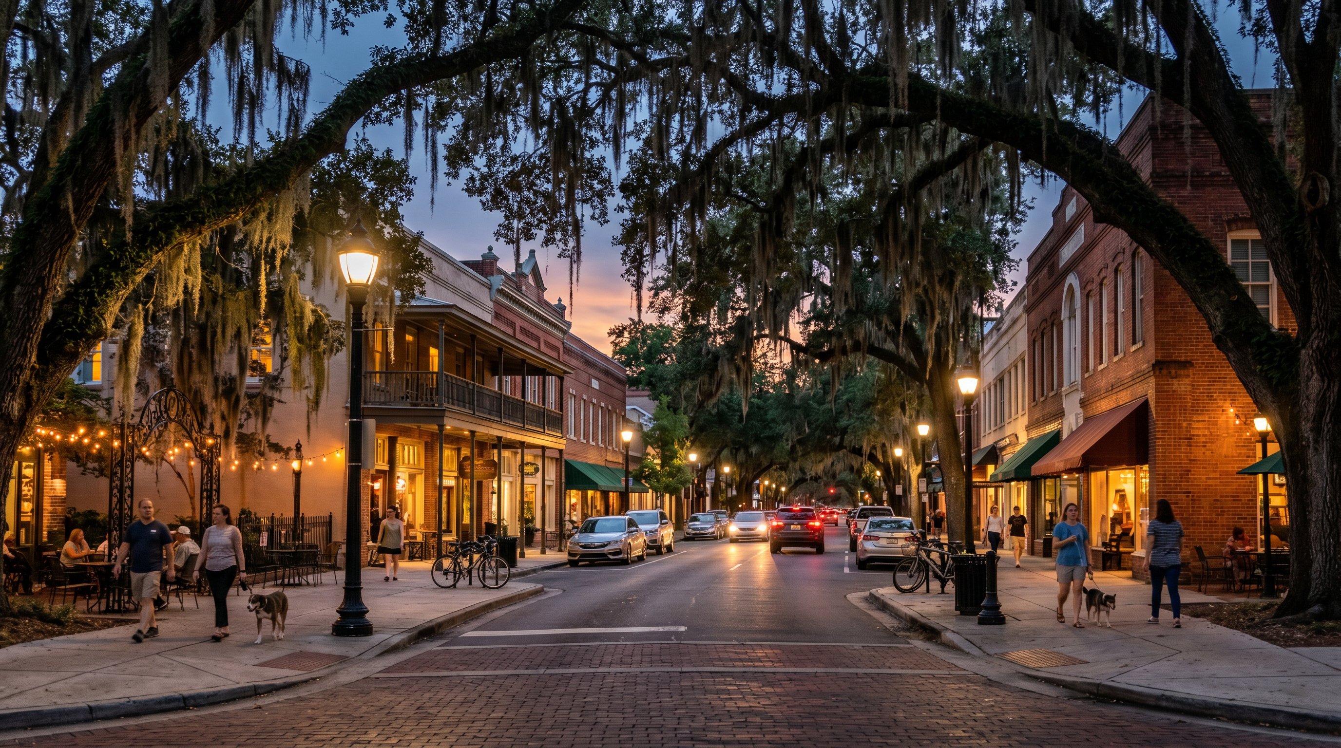 Gainesville Florida historic downtown street with oak trees and warm evening light