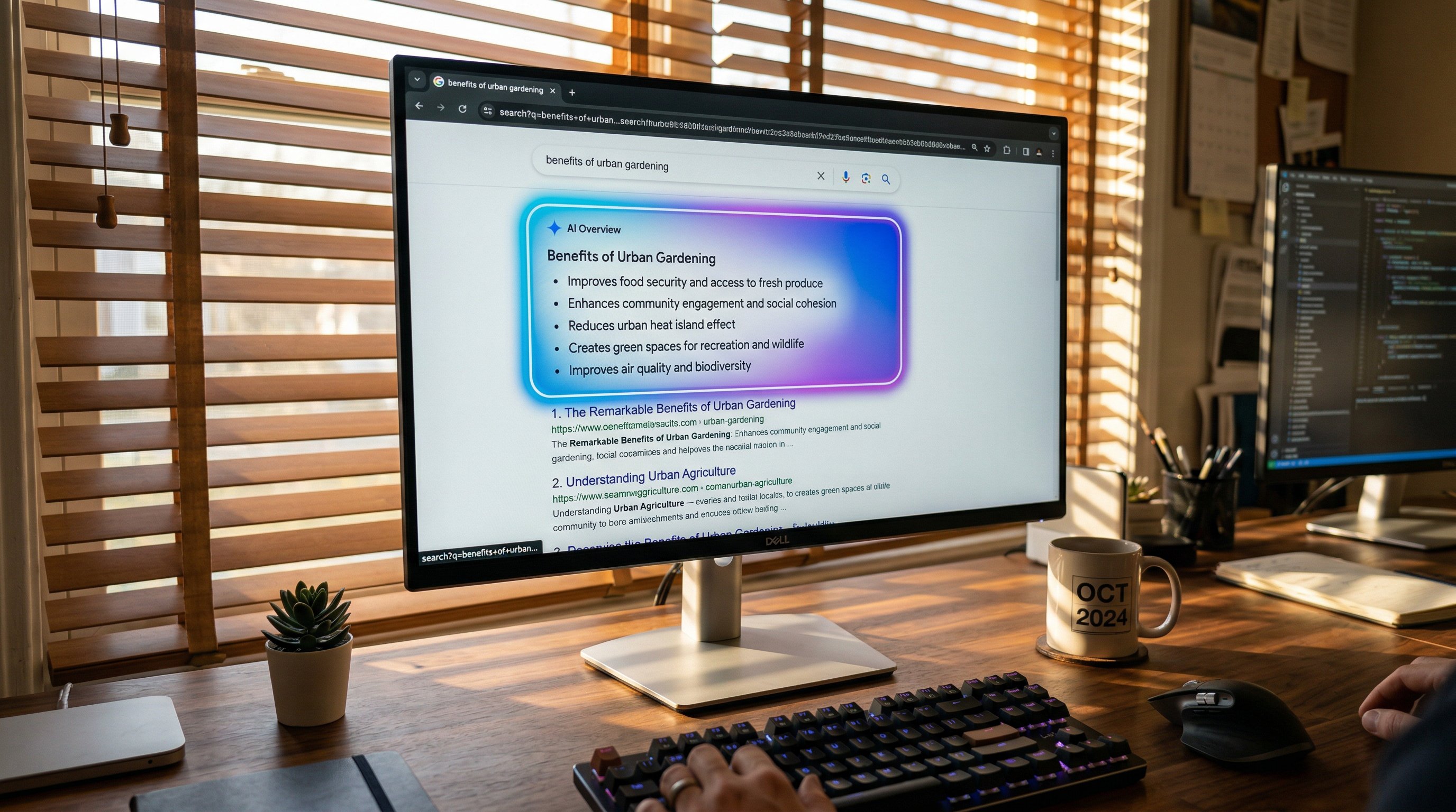 Desktop monitor showing Google search results with AI Overview summary box highlighted