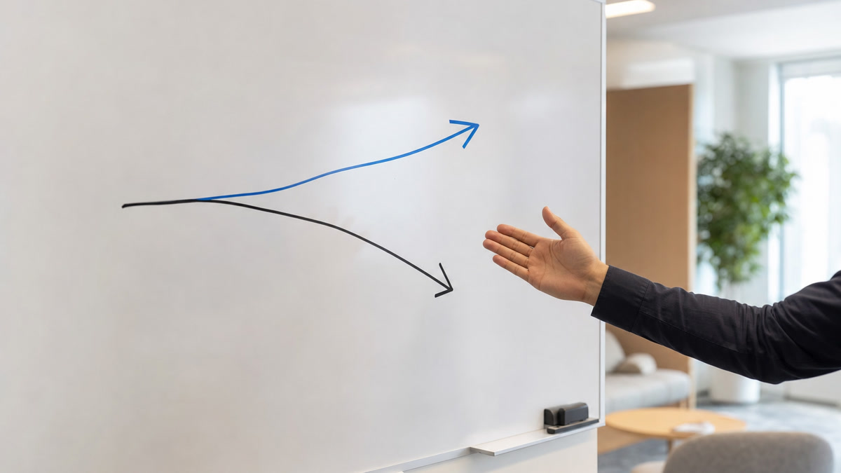 Two diverging paths on a whiteboard illustrating the difference between routine algorithm updates and broad core updates