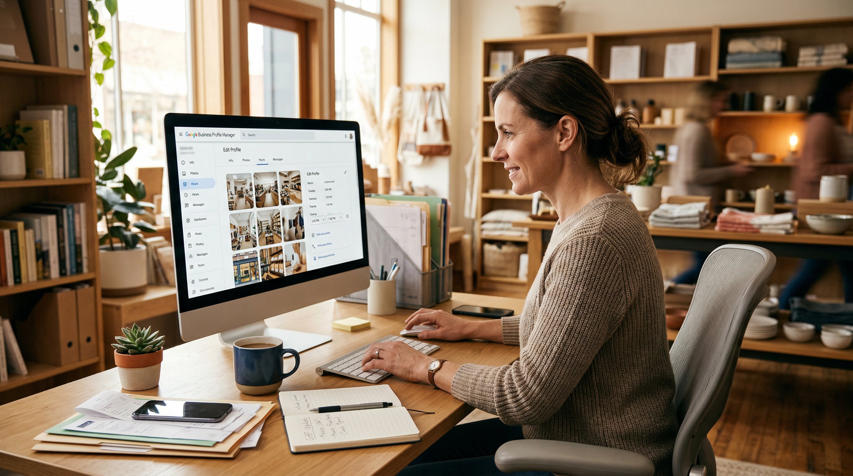 Business owner updating their Google Business Profile on a desktop computer in a retail office