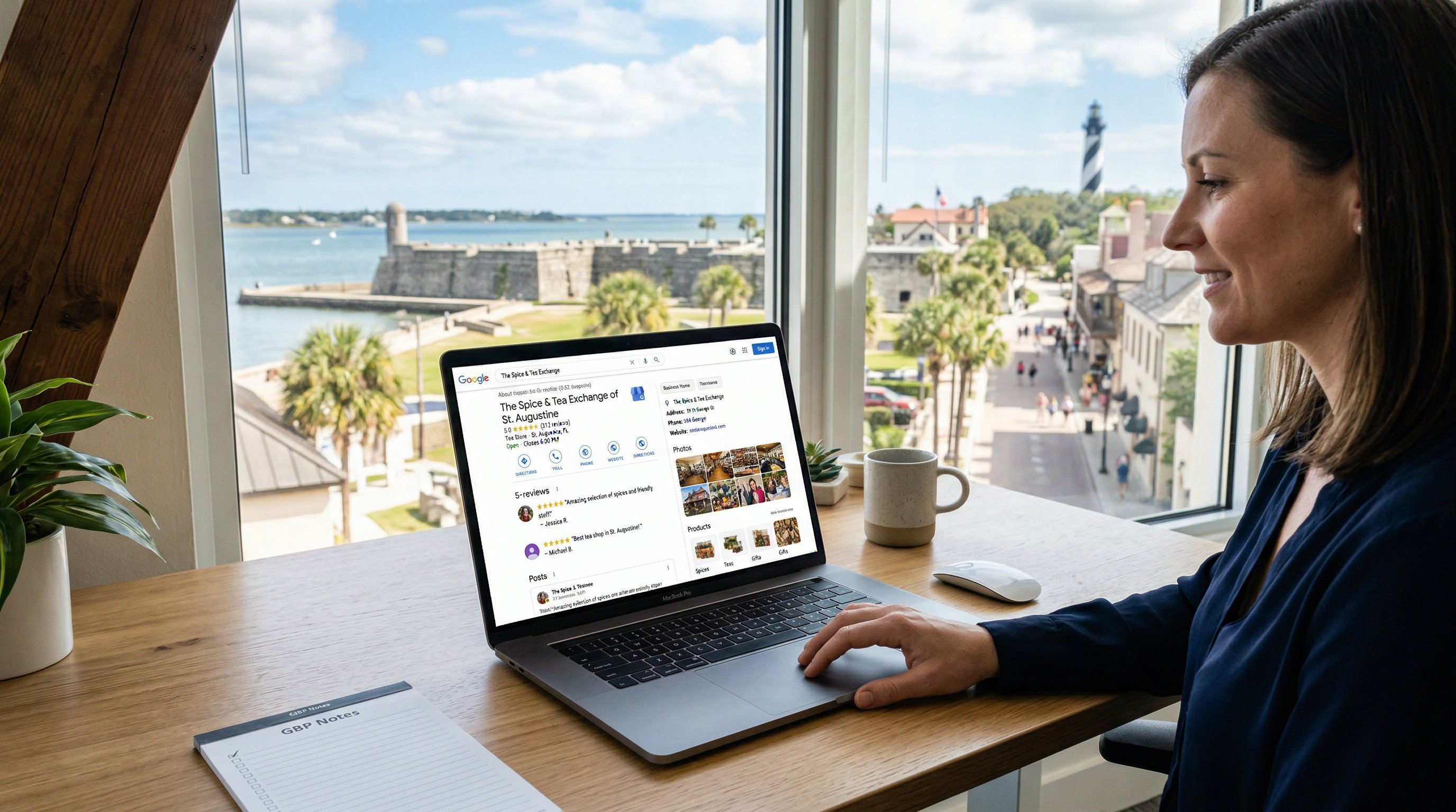 Google Business Profile dashboard for a St. Augustine Florida business showing optimization settings and local search performance