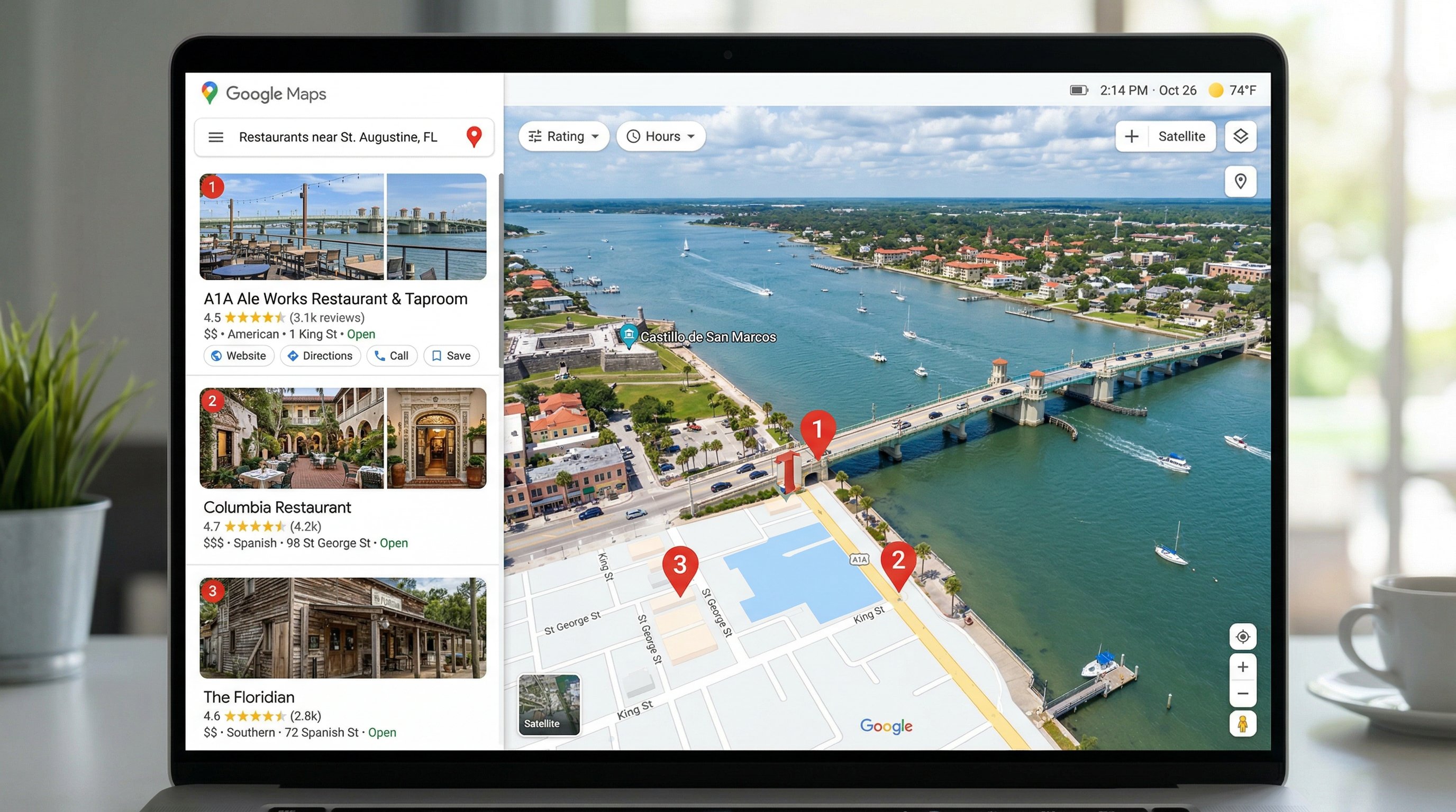 Google Maps interface showing St. Augustine Florida local business listings in the Maps 3-pack